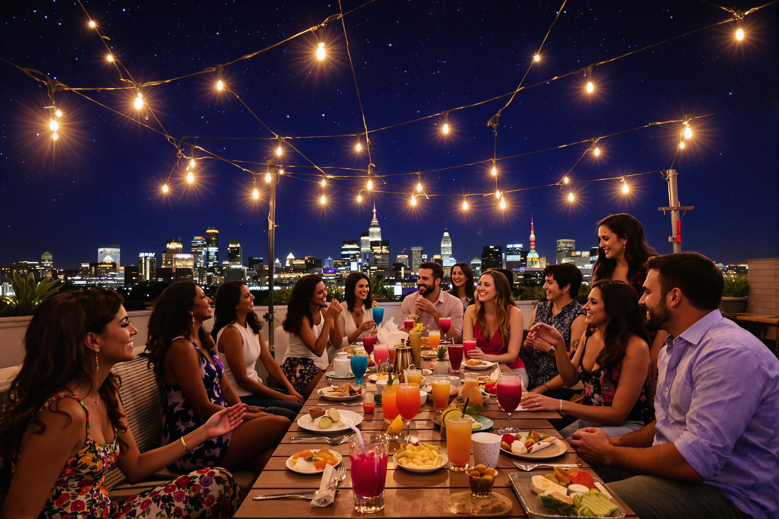 A vibrant rooftop gathering unfolds under a starry night sky as a group of friends enjoys each other's company. Twinkling string lights illuminate their laughter, casting a warm glow over colorful cocktails and shared appetizers on a wooden table. The city skyline serves as a stunning backdrop, creating a lively atmosphere filled with joy and connection.