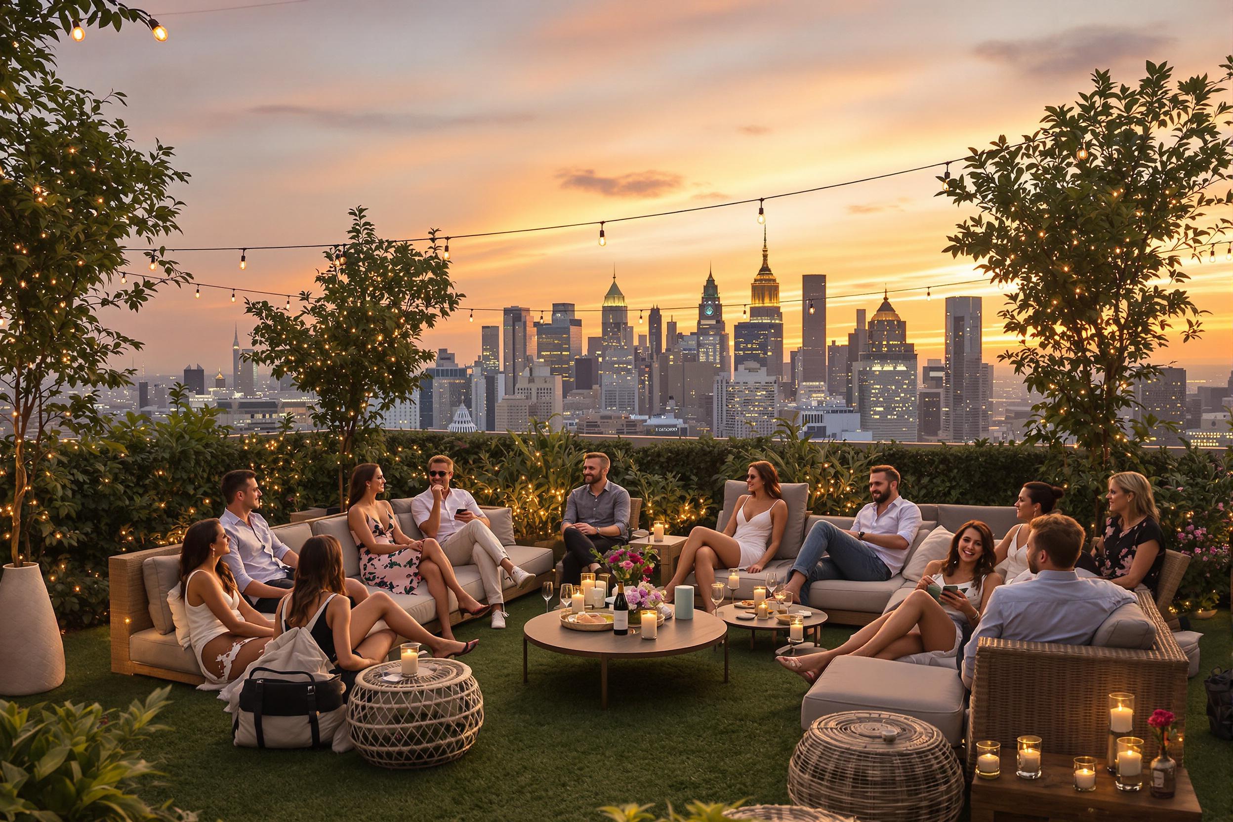 A stylish rooftop garden party unfolds at sunset, framed by a breathtaking city skyline. Guests lounge on elegant furniture surrounded by lush greenery and twinkling fairy lights. Tables are adorned with chic centerpieces of flowers and candles, while laughter and conversation enhance the inviting atmosphere, captured in a warm, golden hue.