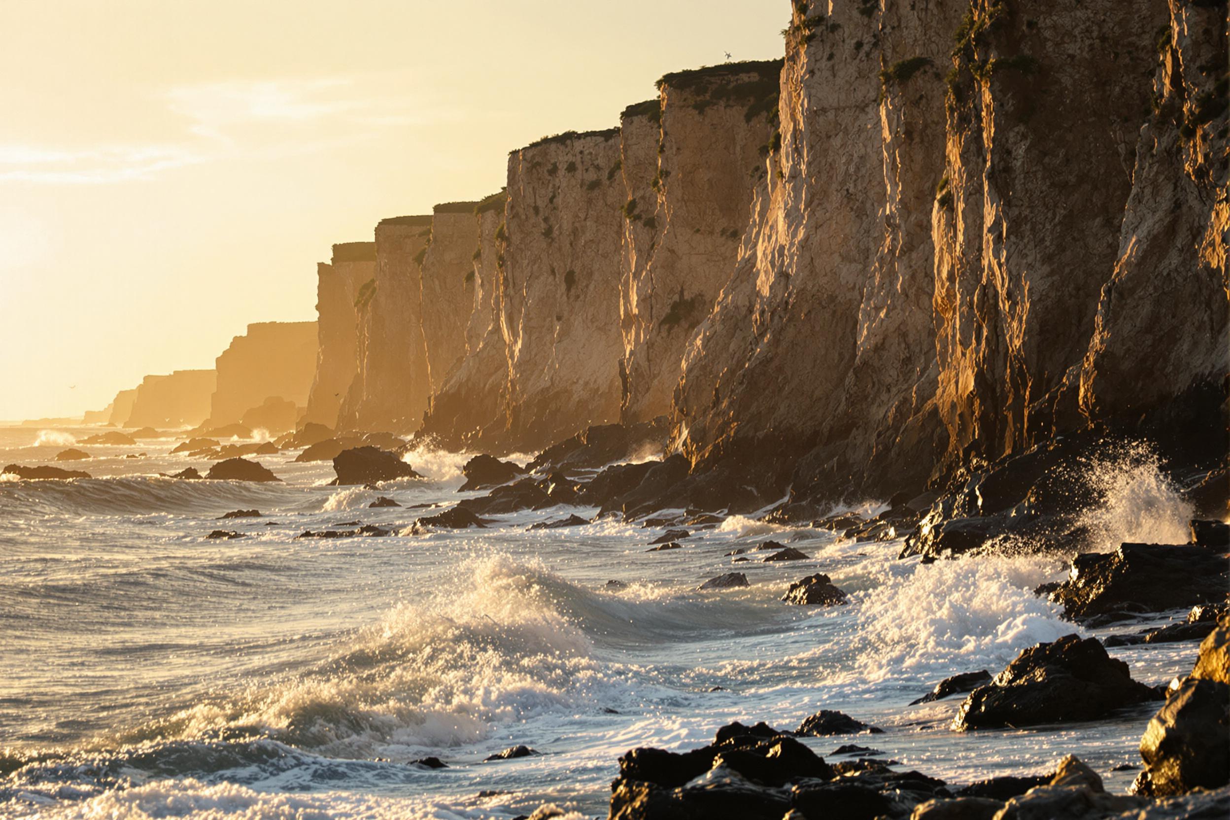 A rugged coastline stretches against the backdrop of a golden sunset. Towering cliffs dominate the frame, their jagged edges revealed in sharp detail. Below, turbulent waves crash onto rocks, creating white sprays of foam. The setting sun bathes the scene in warm tones, while distant seabirds add a hint of motion to the tranquil yet dynamic composition.