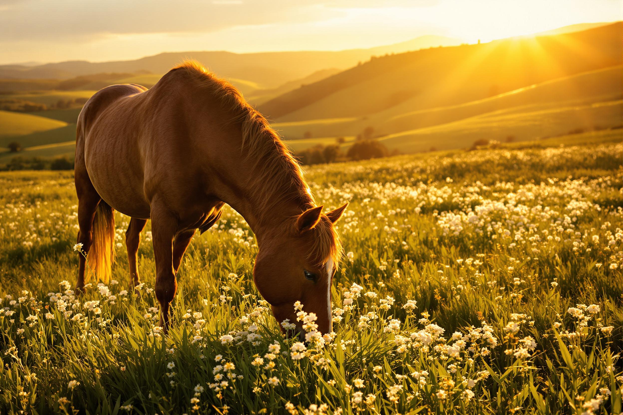 A tranquil rural landscape reveals a grazing horse in an open field bathed in the warm glow of sunset. The horse’s glossy chestnut coat glimmers softly as it munches on lush grass, surrounded by gently swaying wildflowers. Golden sunlight spills across rolling hills in the background, casting long shadows and enhancing the serene ambiance of this picturesque setting.