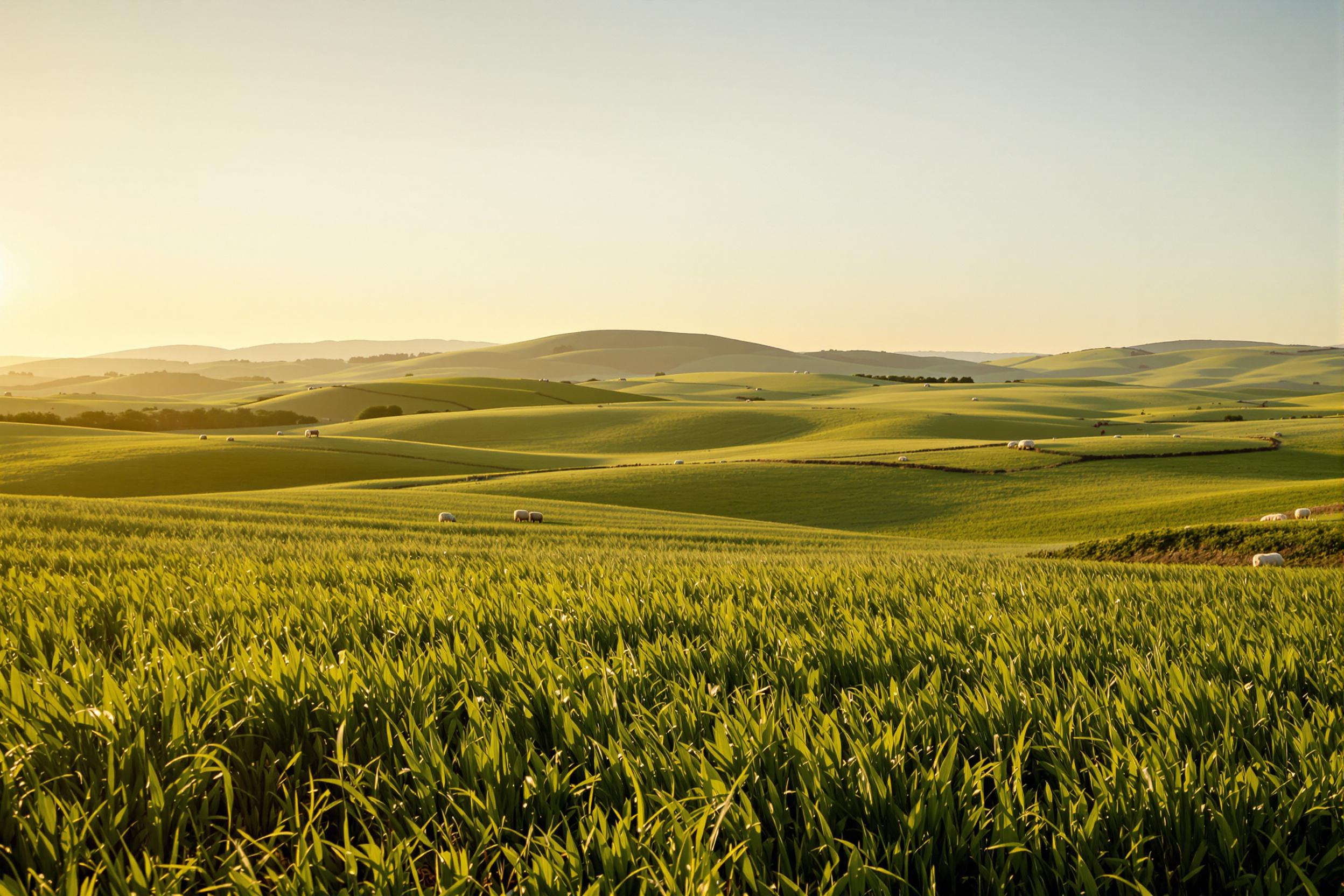 A serene rural landscape unfolds under warm late afternoon light. Rolling hills stretch across the horizon, dotted with grazing sheep. The foreground features lush green grass swaying gently in a light breeze. Golden sunlight casts a soft glow over the scene, enhancing the earthy tones of the countryside. Gentle shadows add texture and dimensionality, creating a peaceful, idyllic setting.