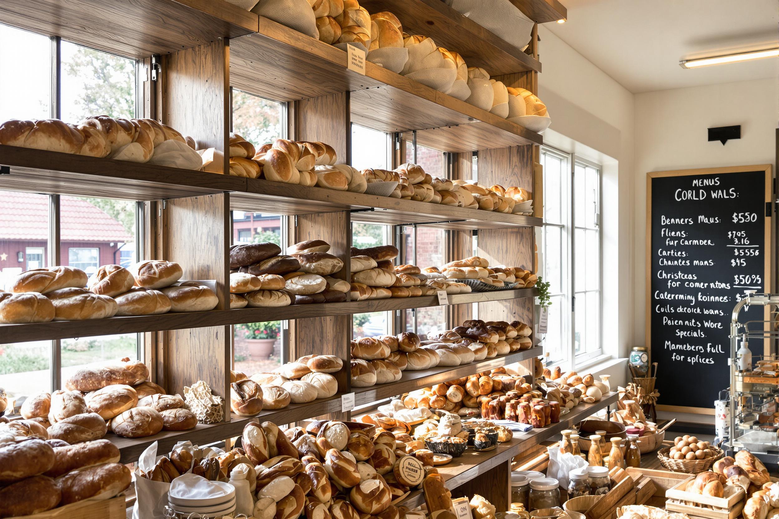 A rustic bakery greets visitors with warm, inviting aromas of freshly baked bread. The interior features wooden shelves lined with loaves in various shapes and sizes, including crusty sourdough and braided challah. Sunlight spills through large windows, illuminating the space and creating a cozy atmosphere. A chalkboard menu hangs nearby, detailing daily specials, enhancing the charming ambiance.