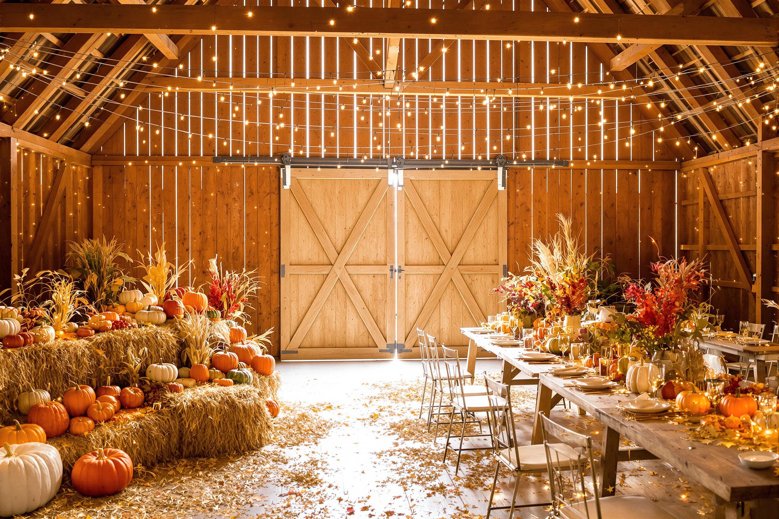 Inside a rustic barn, vibrant autumn decorations create a festive atmosphere. Warm sunlight filters through large wooden doors, illuminating hay bales adorned with colorful pumpkins and dried cornstalks. Strings of twinkling fairy lights drape across the beams, casting a gentle glow on wooden tables set for harvest feasts. Each element invites a sense of warmth and celebration.