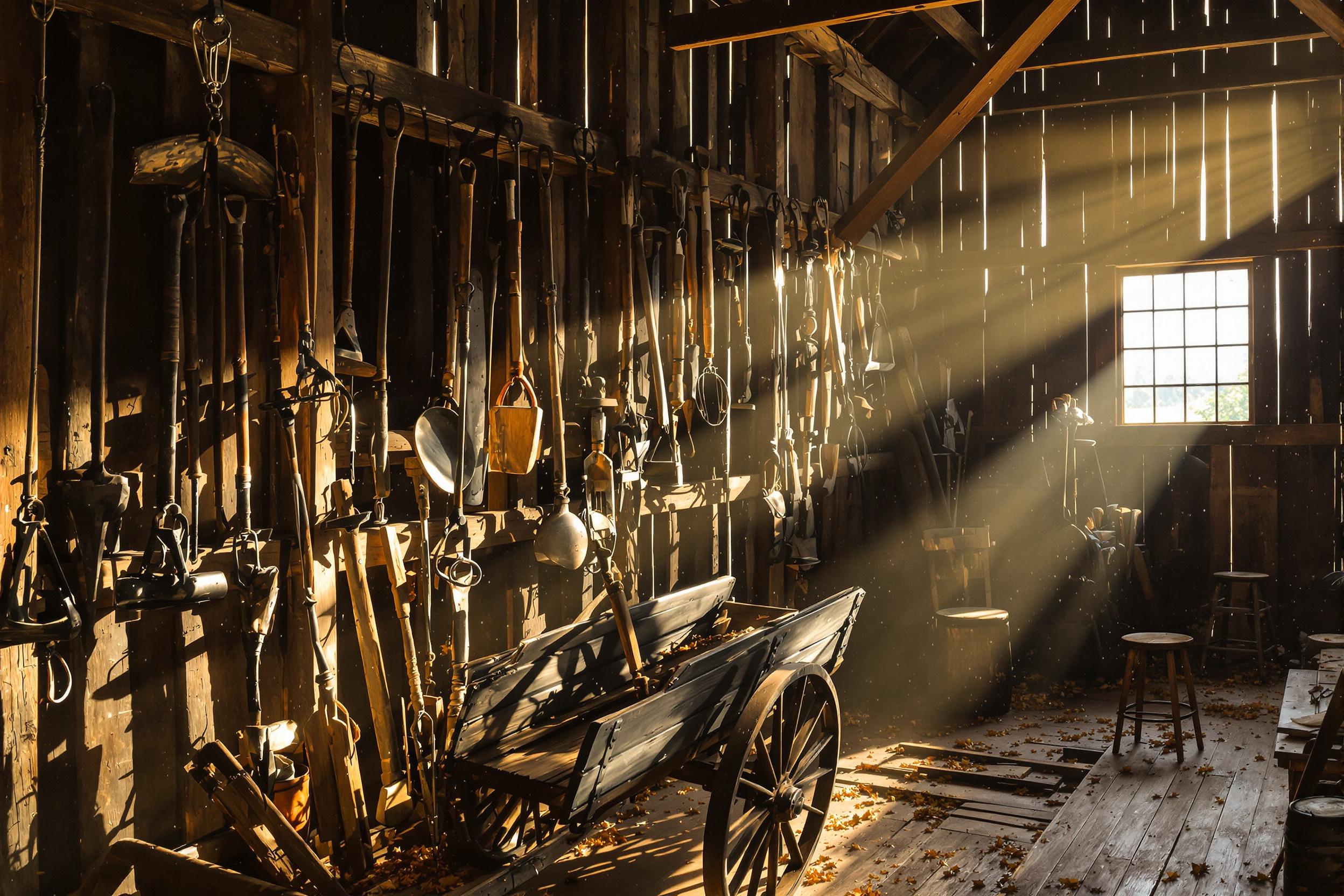 An evocative rustic barn interior brims with historic charm as late afternoon light streams through dusty windows. Vintage farming tools, worn and weathered, hang neatly along the wooden walls, their textures rich in history. A wooden cart sits in the foreground, adorned with hand-forged metal accents. Dust motes dance in the golden rays, enhancing the nostalgic atmosphere.