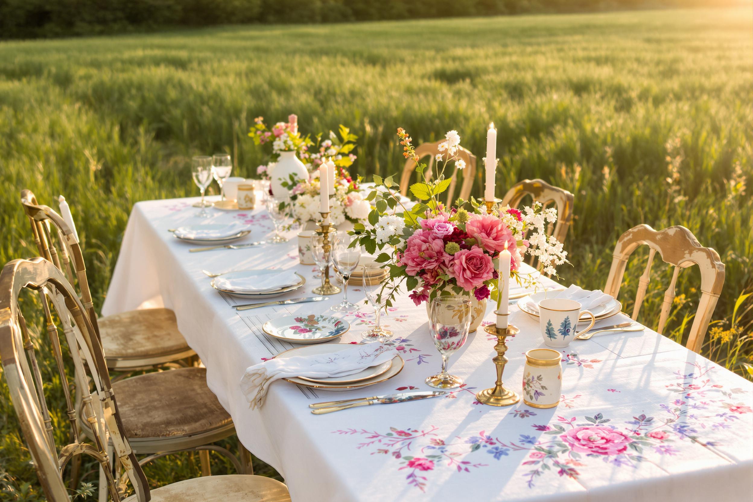 A charming outdoor rustic dining scene amidst a calm countryside field. At golden hour, a weathered wooden table is covered with an embroidered tablecloth, featuring bouquets of fresh flowers and ceramic dishware. Vintage chairs surround as lush grass stretches outward, softly lit by warm, diffused sunlight.