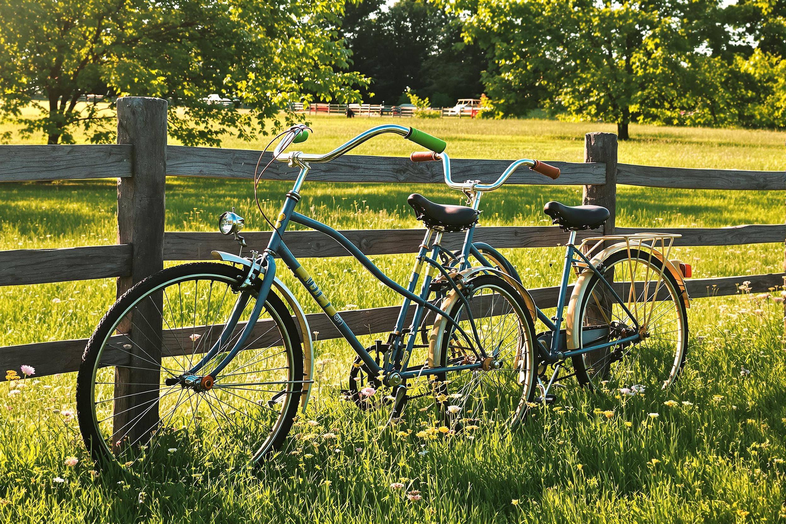 A pair of vintage bicycles lean gently against a rustic wooden fence in an open meadow. The late afternoon sunlight bathes the scene in a warm, golden glow, highlighting the bikes' classic designs and vibrant colors. Wildflowers dot the grassy landscape, adding splashes of color, while gentle shadows from nearby trees create depth and enhance the charm of this idyllic setting.