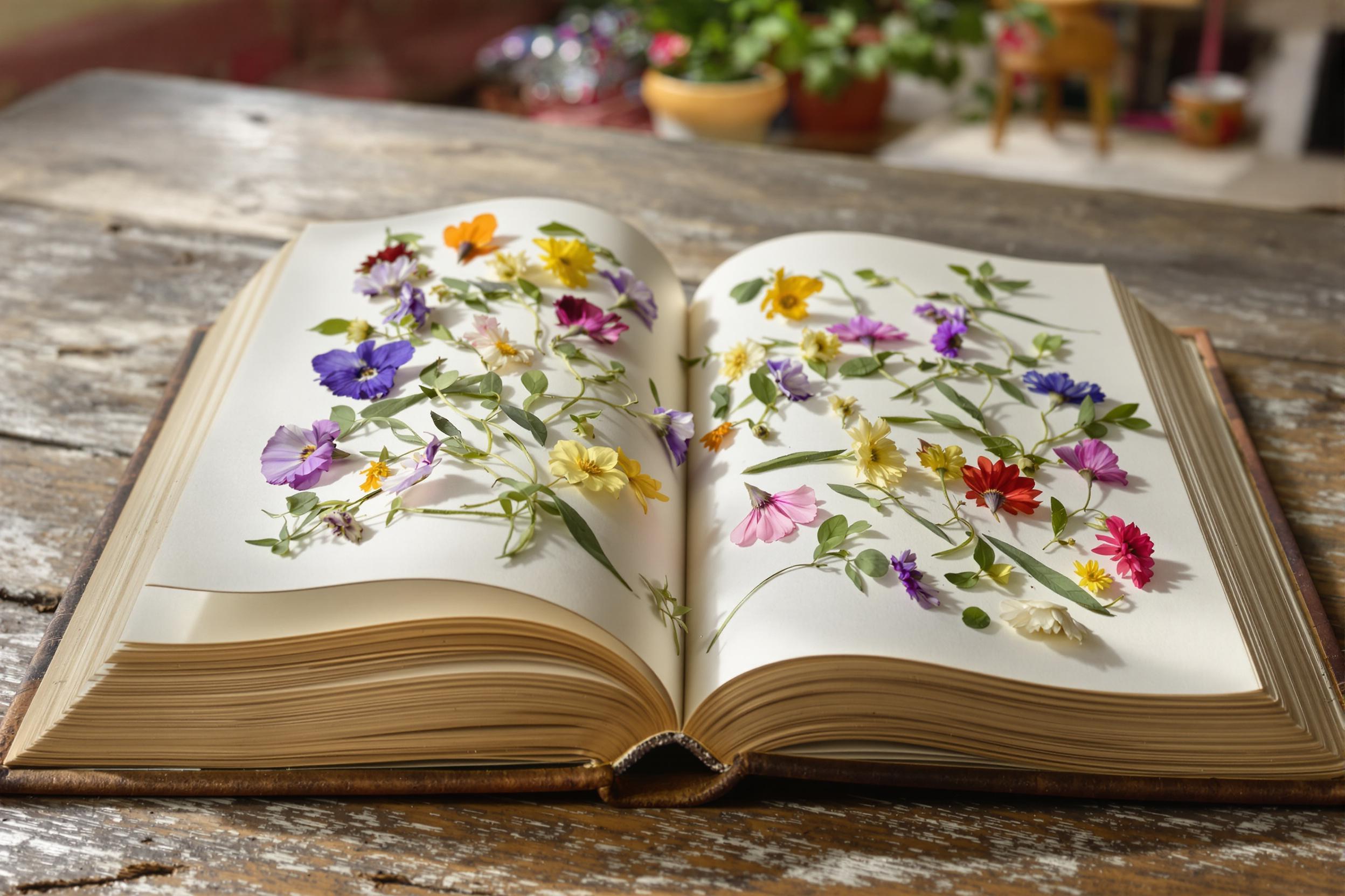 A weathered wooden desk hosts an open book adorned with colorful pressed flowers. The soft afternoon light envelops the scene, highlighting the intricate details of the petals and leaves. Page edges curl slightly, their texture contrasting with the smooth surface of the desk. In the softly blurred background, hints of potted plants and a cozy reading nook add to the serene atmosphere.