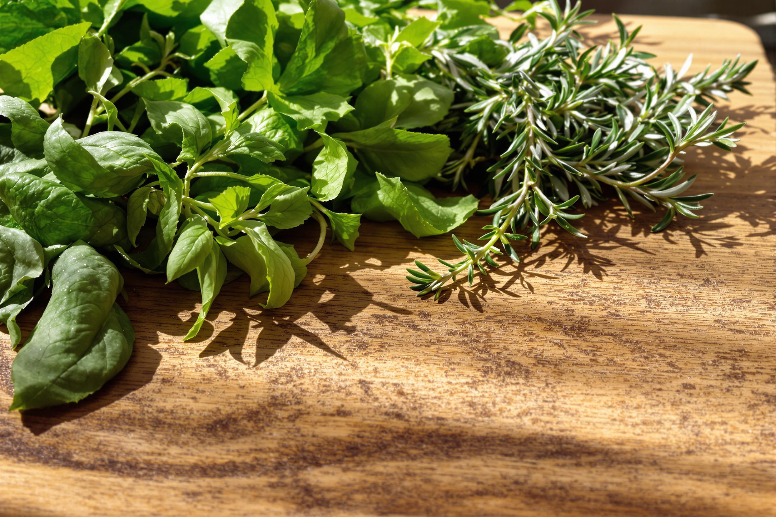 A macro view features freshly picked herbs laid out on a rustic wooden cutting board. The vibrant greens of basil, thyme, and rosemary contrast beautifully against the textured wood grain. Soft sunlight filters through a nearby window, enhancing the rich colors and casting delicate shadows, creating an inviting culinary atmosphere ideal for cooking enthusiasts.