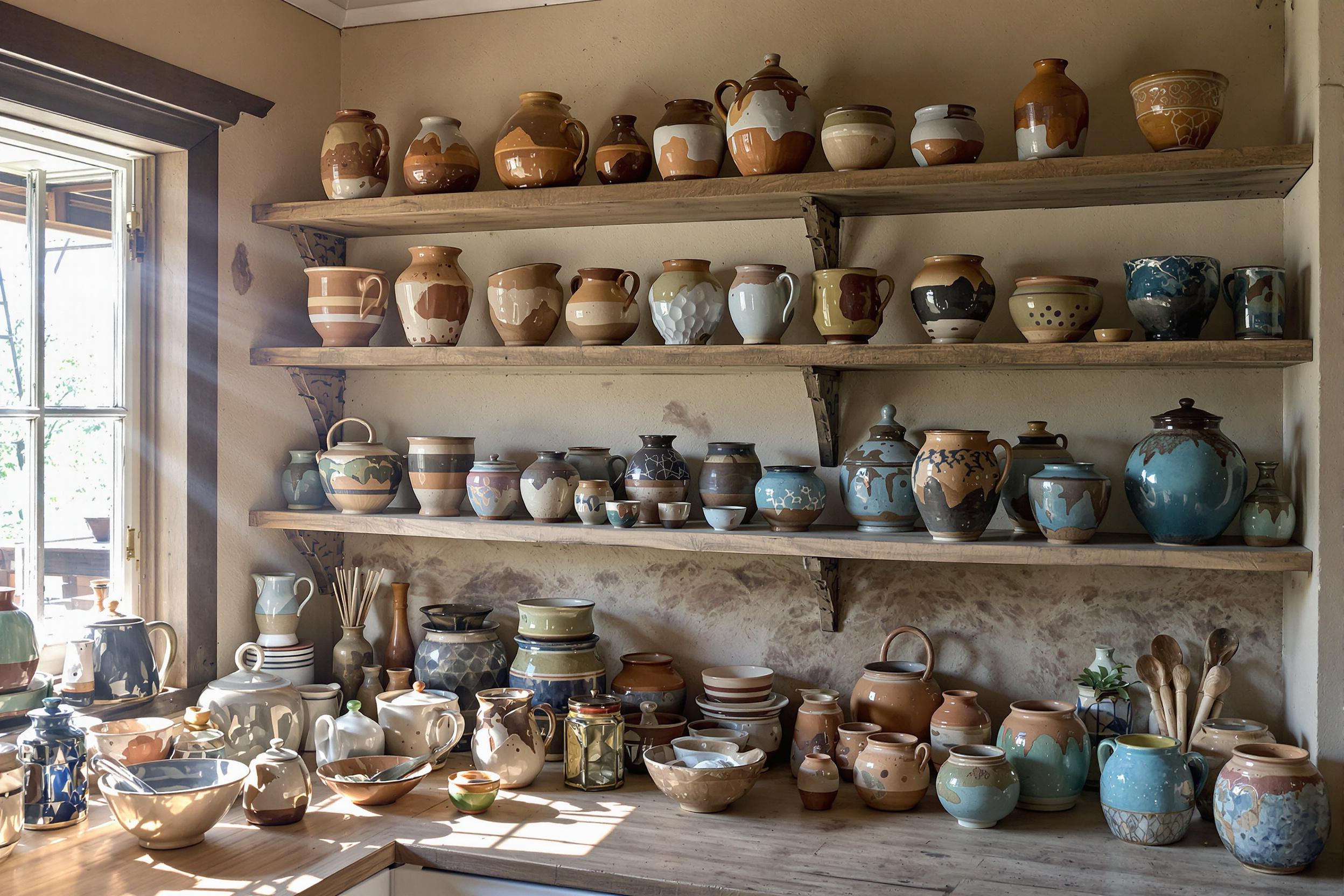 A rustic kitchen brims with character, showcasing a stunning array of handmade pottery on wooden shelves. Each piece features unique glazes, from earthy browns to vibrant blues. Sunlight streams softly through nearby windows, casting gentle rays that accentuate the textures within the ceramic work. The cozy setting invites inspiration and demonstrates a love for artisanal crafting.