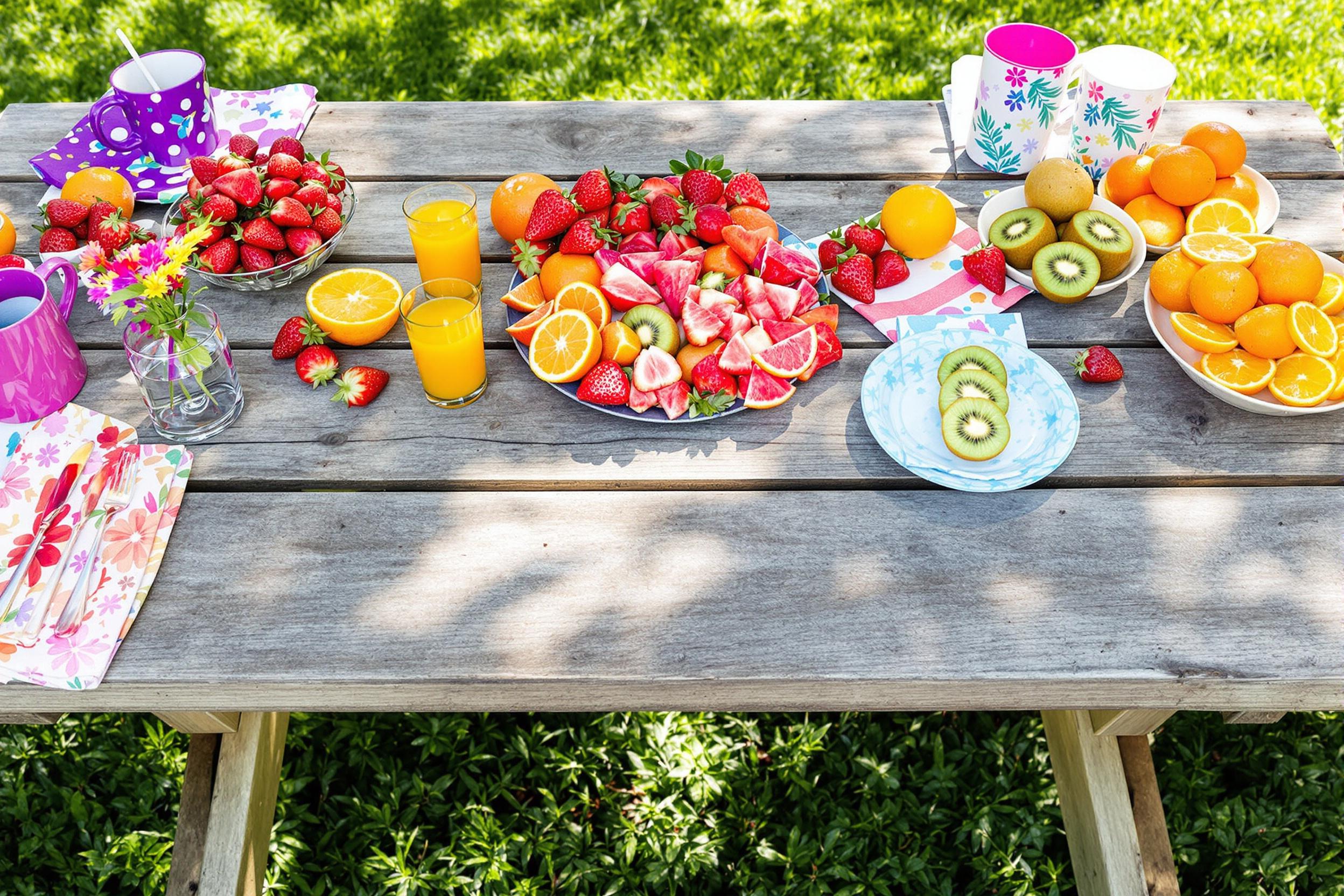 A rustic wooden picnic table elegantly displays a vibrant array of seasonal fruits, including plump strawberries, juicy oranges, and ripe kiwi slices. Sunlight casts soft shadows across the surface while lush green grass serves as a natural backdrop. Colorful napkins and plates add charm, inviting a communal, cheerful dining atmosphere.