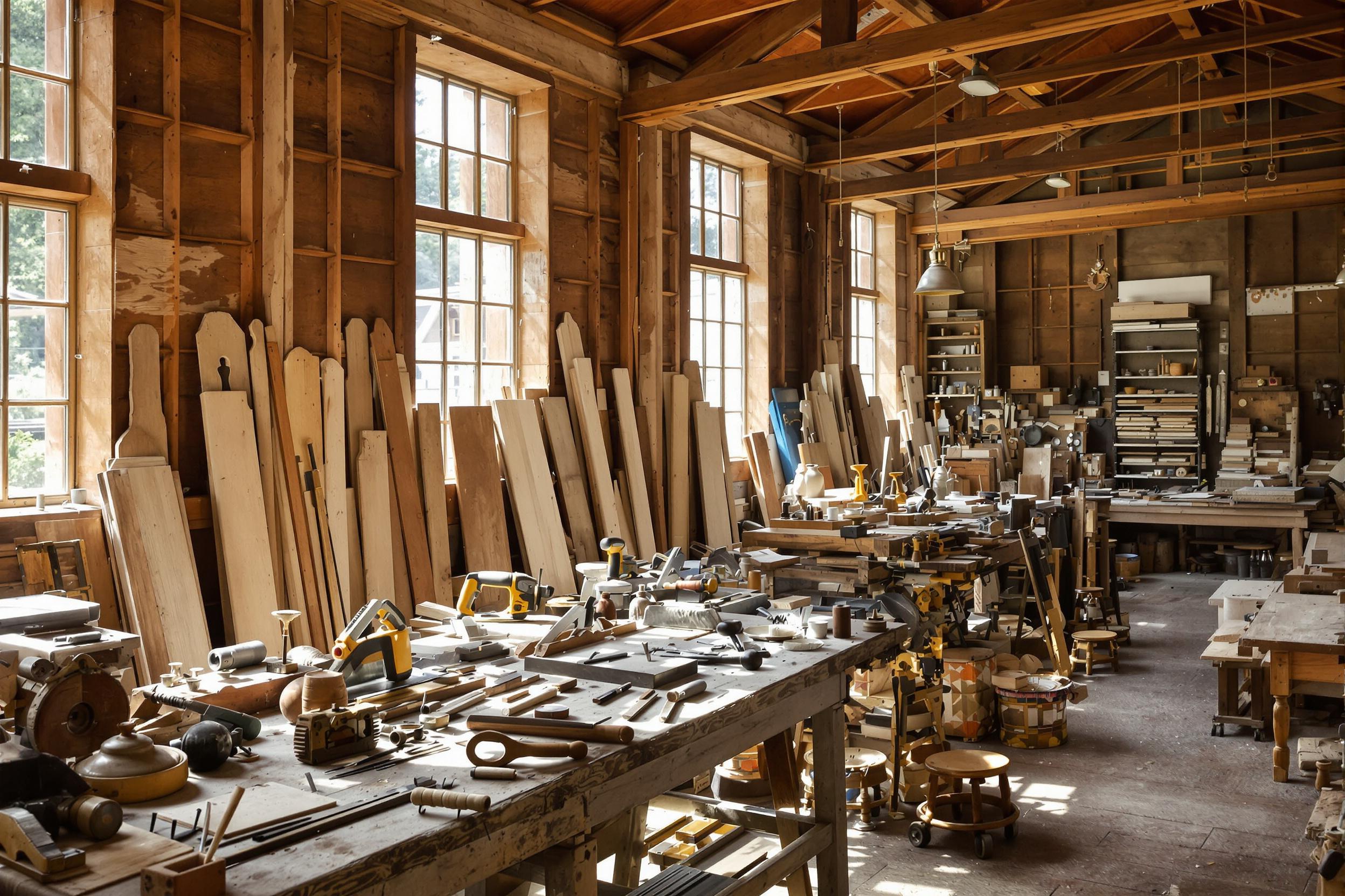 A rustic workshop brimming with character features an old wooden workbench strewn with various vintage tools, including saws, chisels, and measuring tapes. Sunlight filters through tall windows, casting warm light across neatly arranged planks of wood and half-finished projects. Dust swirls gently in the beams, adding an authentic feel to this creative sanctuary.