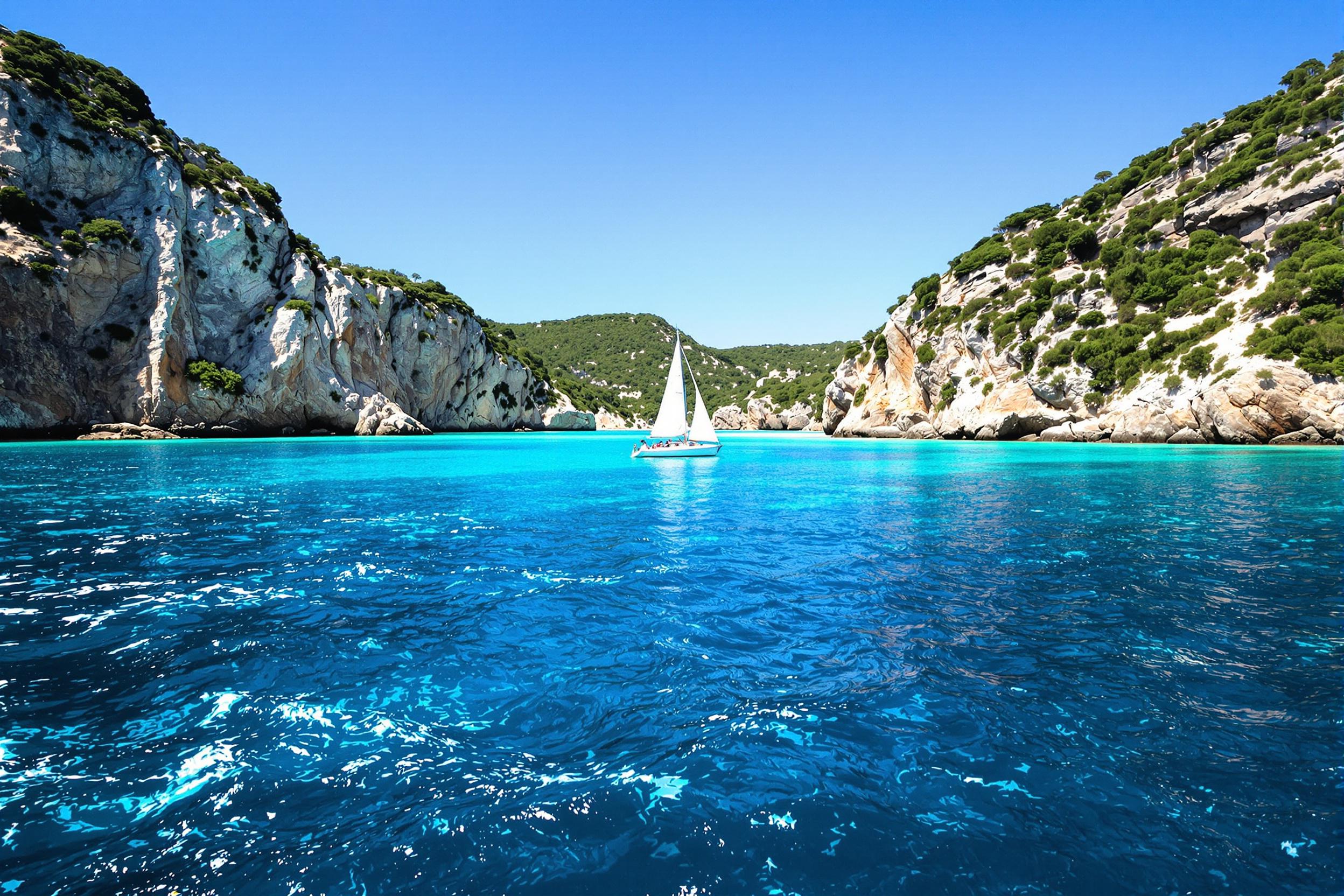 A small sailboat glides serenely on pristine turquoise water flanked by rugged cliffs and lush vegetation. Overhead, clear skies radiate a calm energy, while delicate wave ripples catch warm sunlight. The boat's white sails stand crisp and sharply contrasted against vivid blues and greens. A perspective is captured from eye level, spotlighting the vastness surrounding this tranquil marine moment.