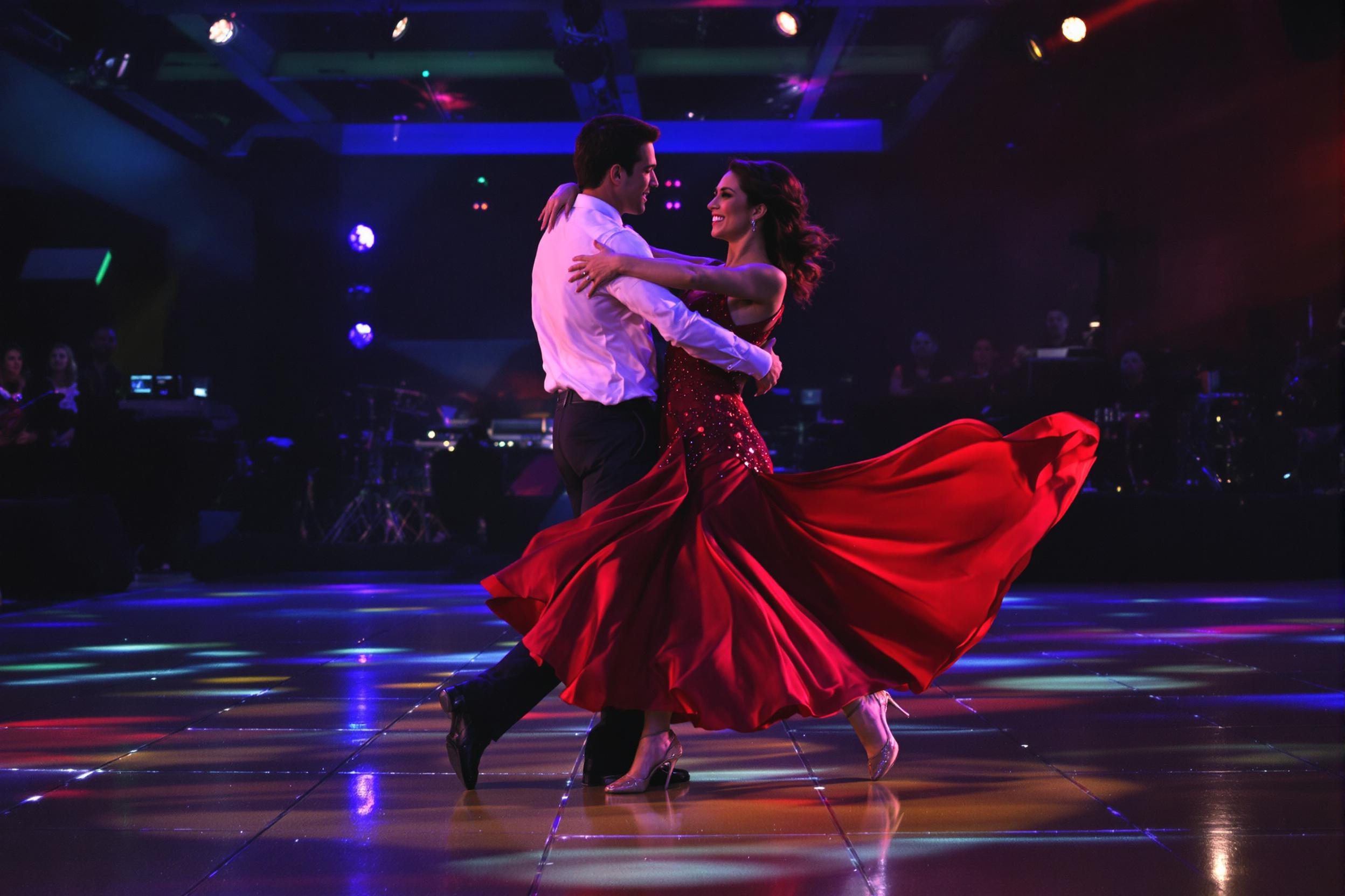 An enthusiastic salsa dancing couple takes center stage on a lively dance floor illuminated by colorful lights. The woman twirls gracefully, her flowing red dress swirling around her, while her partner, dressed in white, mirrors her movements with precision. Their feet gliding across the polished surface create a sense of rhythm, capturing the passion and excitement of the performance.