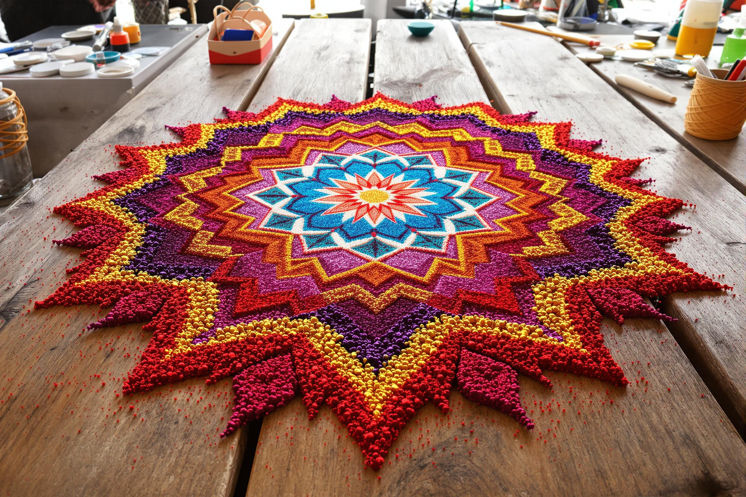 An artistically crafted mandala takes center stage, composed of vibrant colored sand arranged in intricate patterns on a weathered wooden table. Rich hues of red, blue, and yellow create a mesmerizing visual effect, enhanced by soft natural light streaming in from a nearby window. The surrounding space, unfocused but filled with hints of crafting tools, evokes a sense of creativity and artistry.