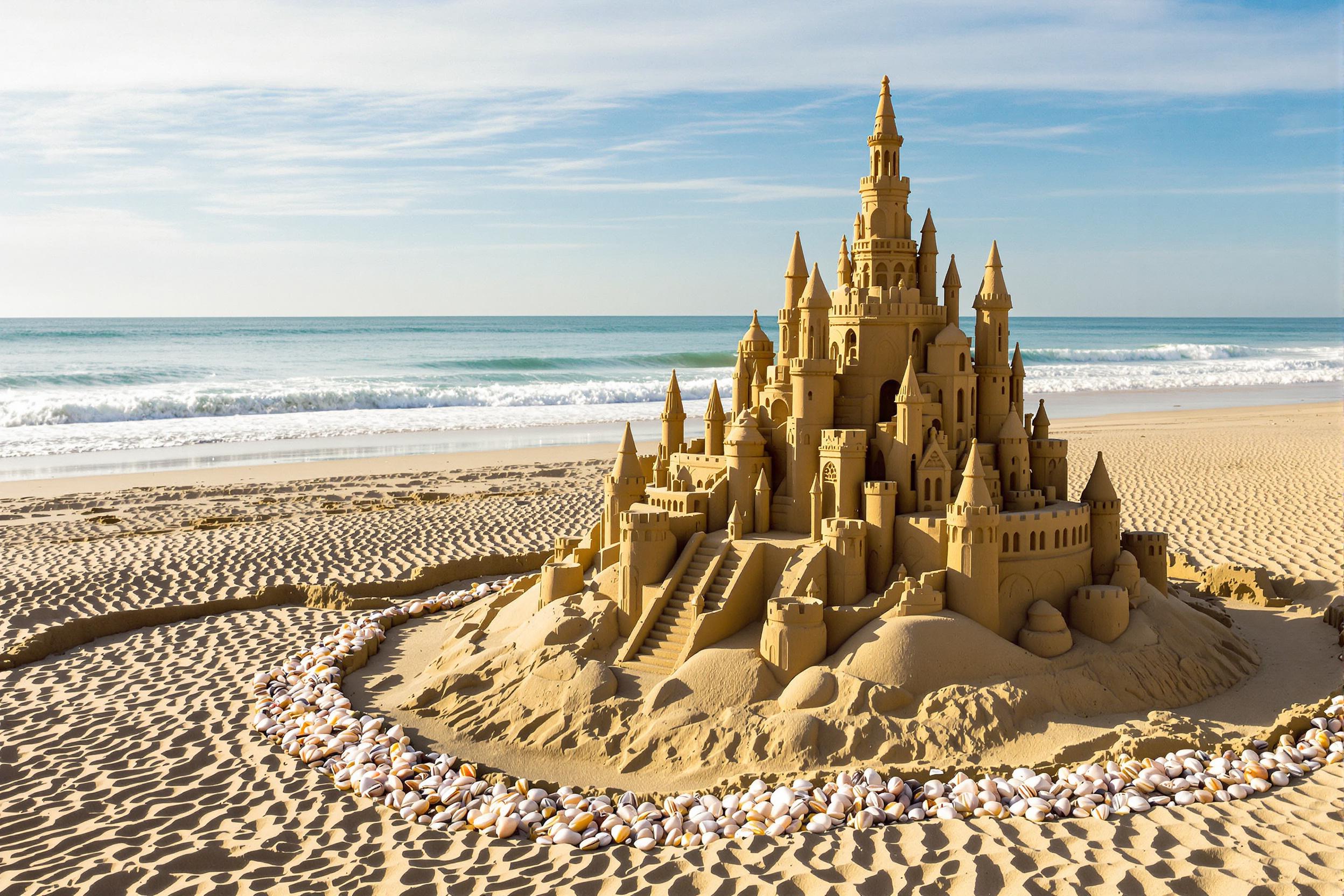 Elaborate sandcastles rise majestically near a serene shoreline, complete with spires, arches, and staircases. Detailed carvings emphasize fine sand textures, while nearby arranged seashells add decorative accents. Lit by golden late-afternoon sunlight, long shadows stretch across rippled sands framing gentle turquoise ocean waves in the background.