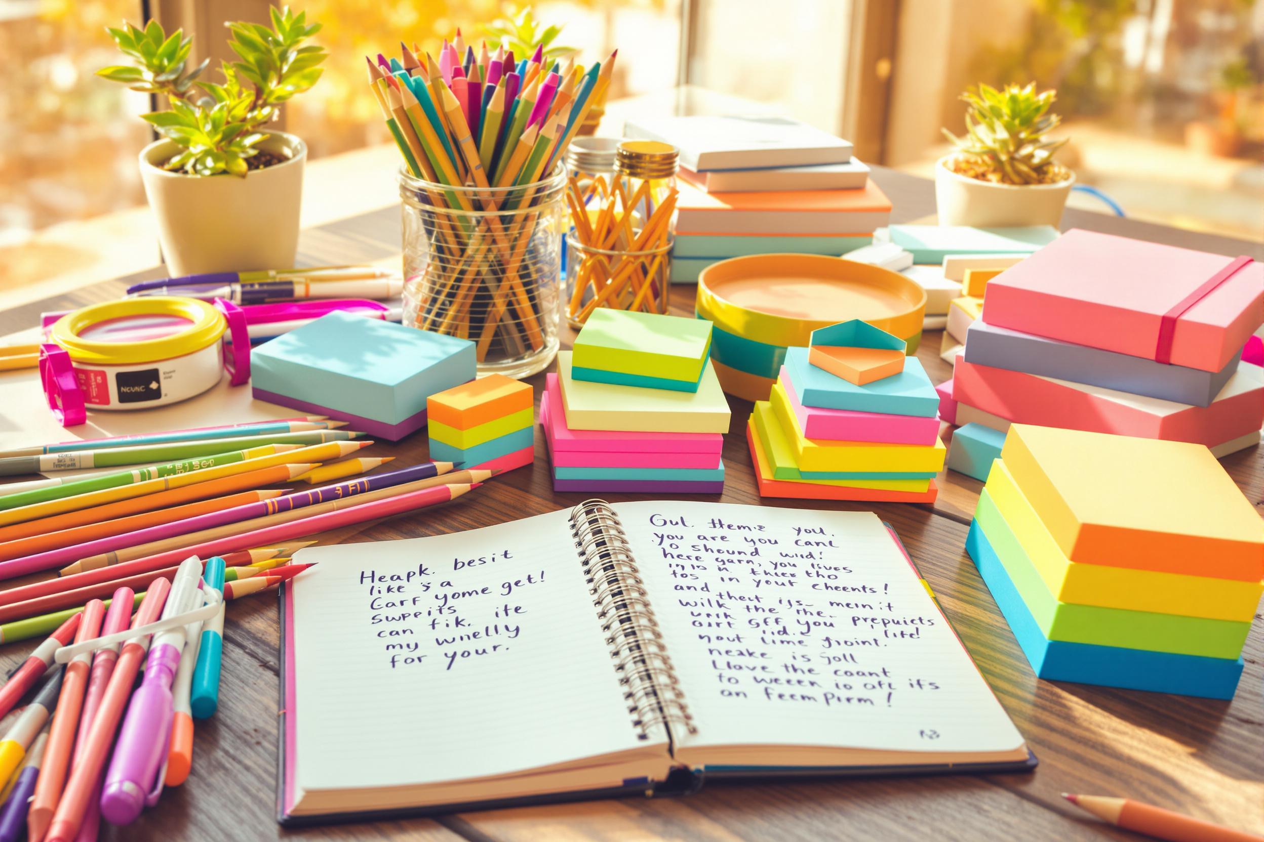 A vibrant artistic arrangement of colorful school supplies features an array of stationery items atop a rustic wooden desk. Bright gel pens, sharpened pencils, and stacks of multicolored sticky notes are neatly organized next to an open notebook showcasing handwritten notes. A small potted succulent adds a touch of greenery, complemented by warm midday sunlight filtering through a nearby window.