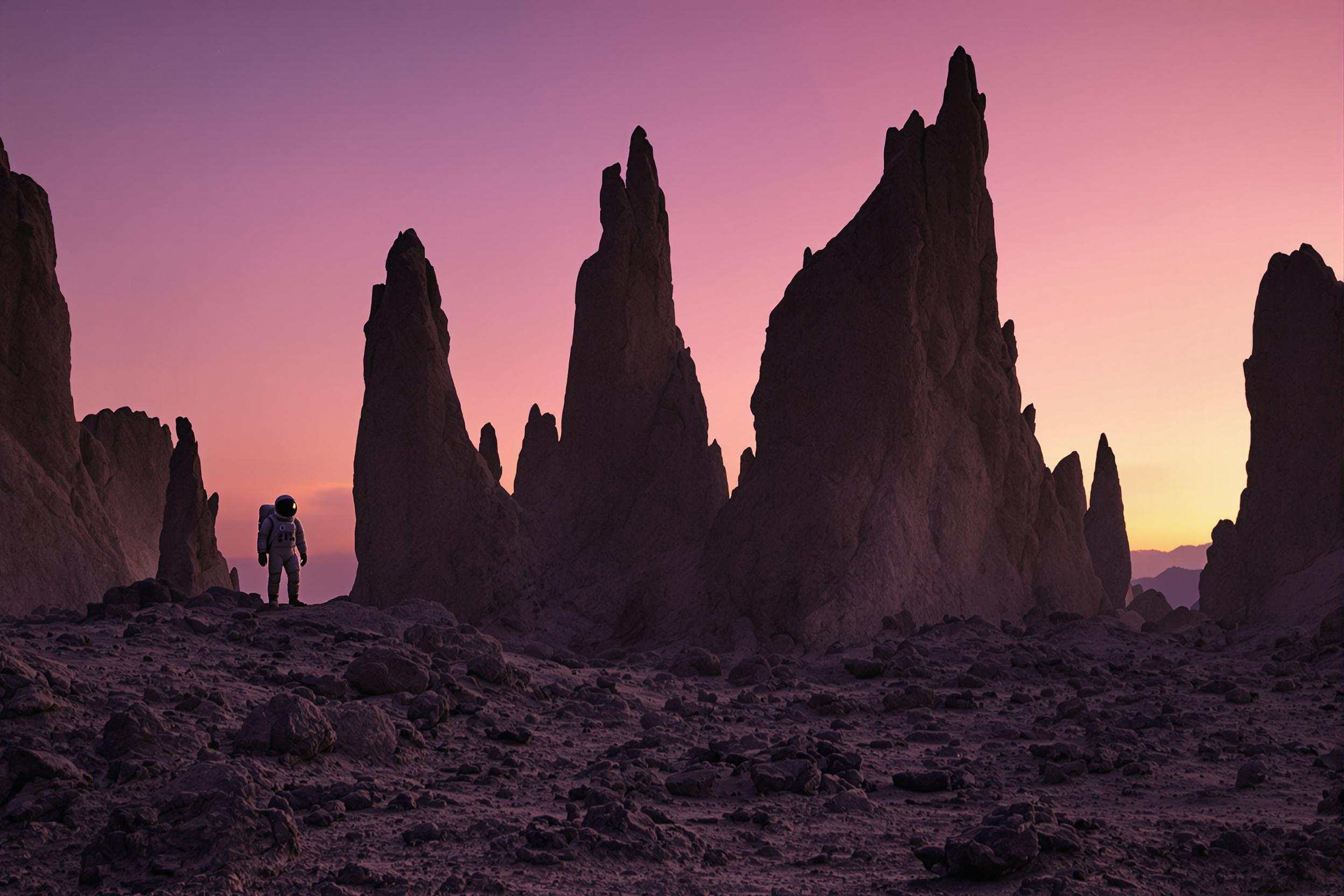 A lone astronaut stands in stark contrast to a barren alien world under twilight. Jagged rock formations surround the figure, lit softly from behind, casting elongated shadows. The muted purple and orange hues of the sky blend seamlessly with the harsh, rocky ground. Subtle wisps of dust rise in the distance, adding depth to the surreal, otherworldly scene.