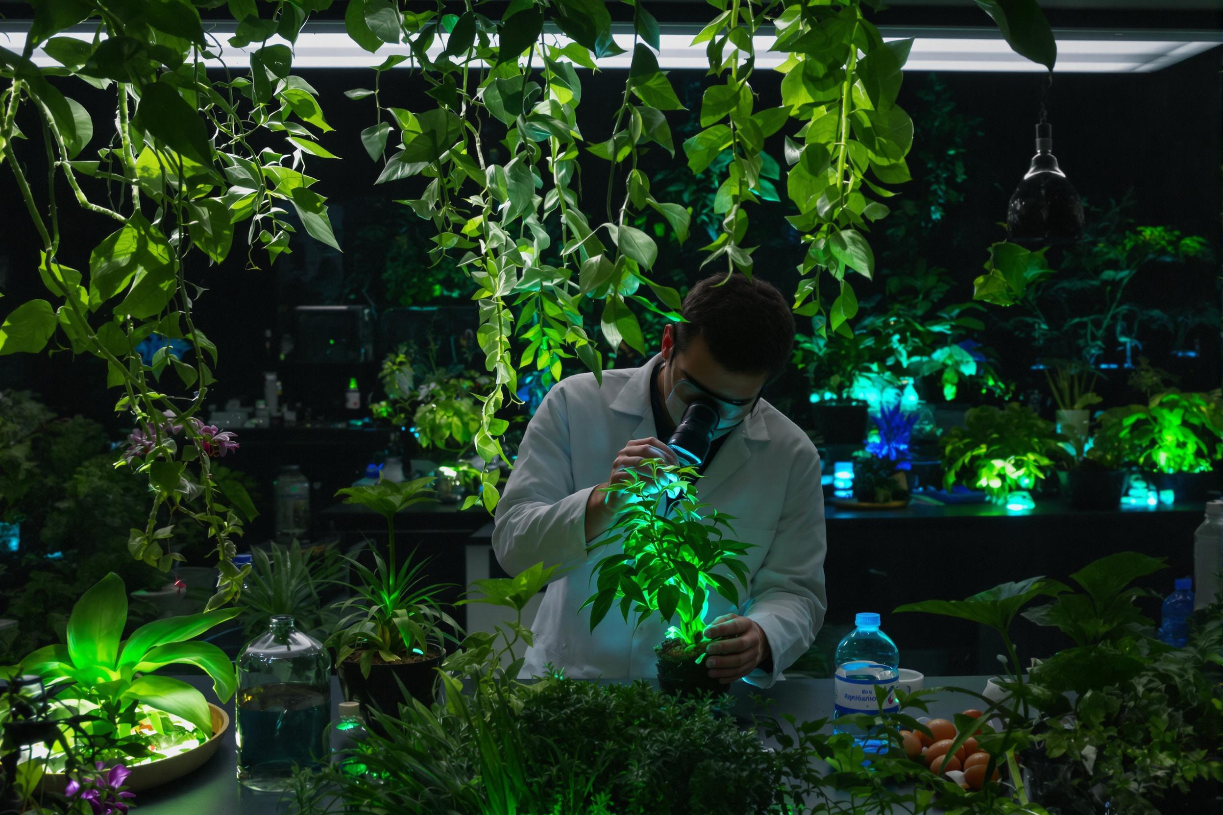 In a dimly-lit laboratory, a scientist examines a strange bioluminescent plant under a magnifying glass. Surrounding workstations overflow with diverse flora, glowing jars, and scientific instruments. Cool greens and bright teal from the plants contrast against the dark ambient atmosphere.