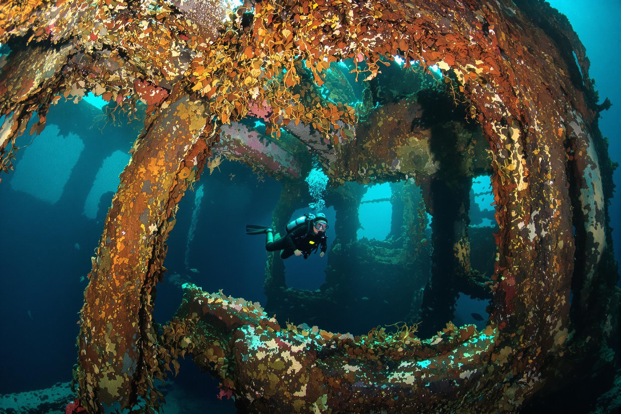 An experienced scuba diver hovers midwater before a decades-old sunken shipwreck nestled within dark turquoise sea depths. Barnacle-encrusted beams and corroding hull details shimmer faintly where dappled sunlight seeps through. Tangled seaweed and schools of small fish weave around, enhancing the atmospheric stillness.