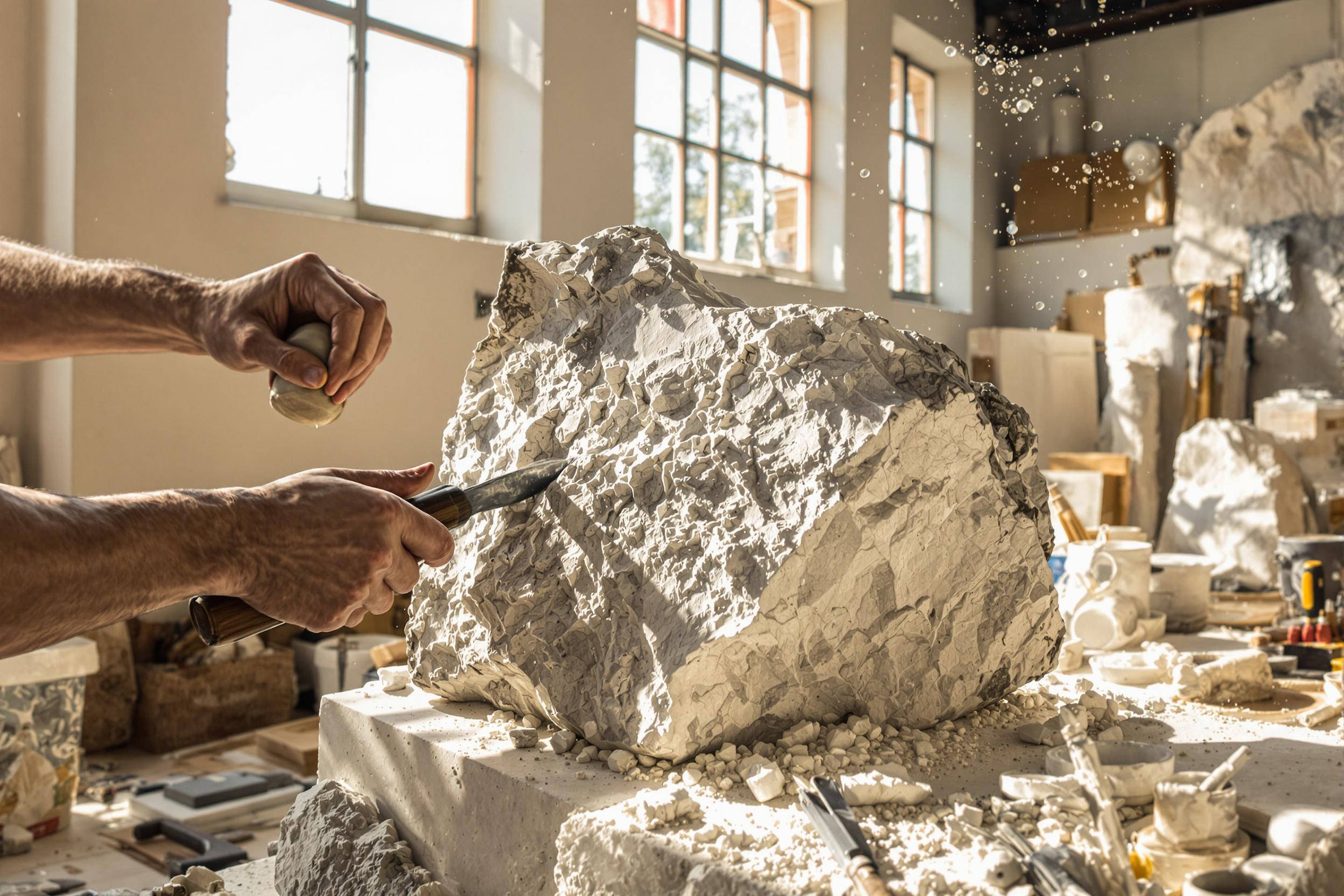 Within a sunlit artistic studio, a sculptor's hands skillfully wield a chisel and mallet to carve fine details into a rugged marble block. Sunlight streams through large windows, casting stark shadows on scattered tools and dust particles suspended midair. Textures of the stone and unfinished projects create an ambiance of creative industry.