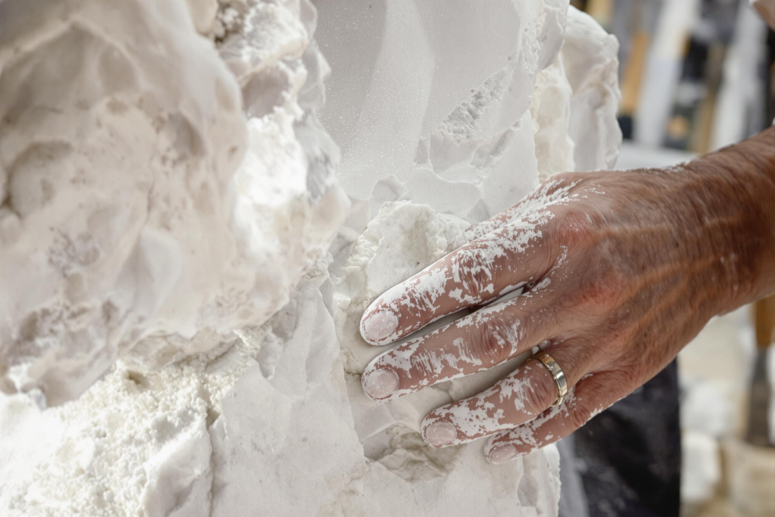 Close-up of a sculptor chiseling into pristine white marble, under soft natural light. Fine marble dust gathers on worn hands and delicate tools, capturing intricate textures of carved stone. The background fades softly into blurred outlines of a workbench with more chisels and hammers.