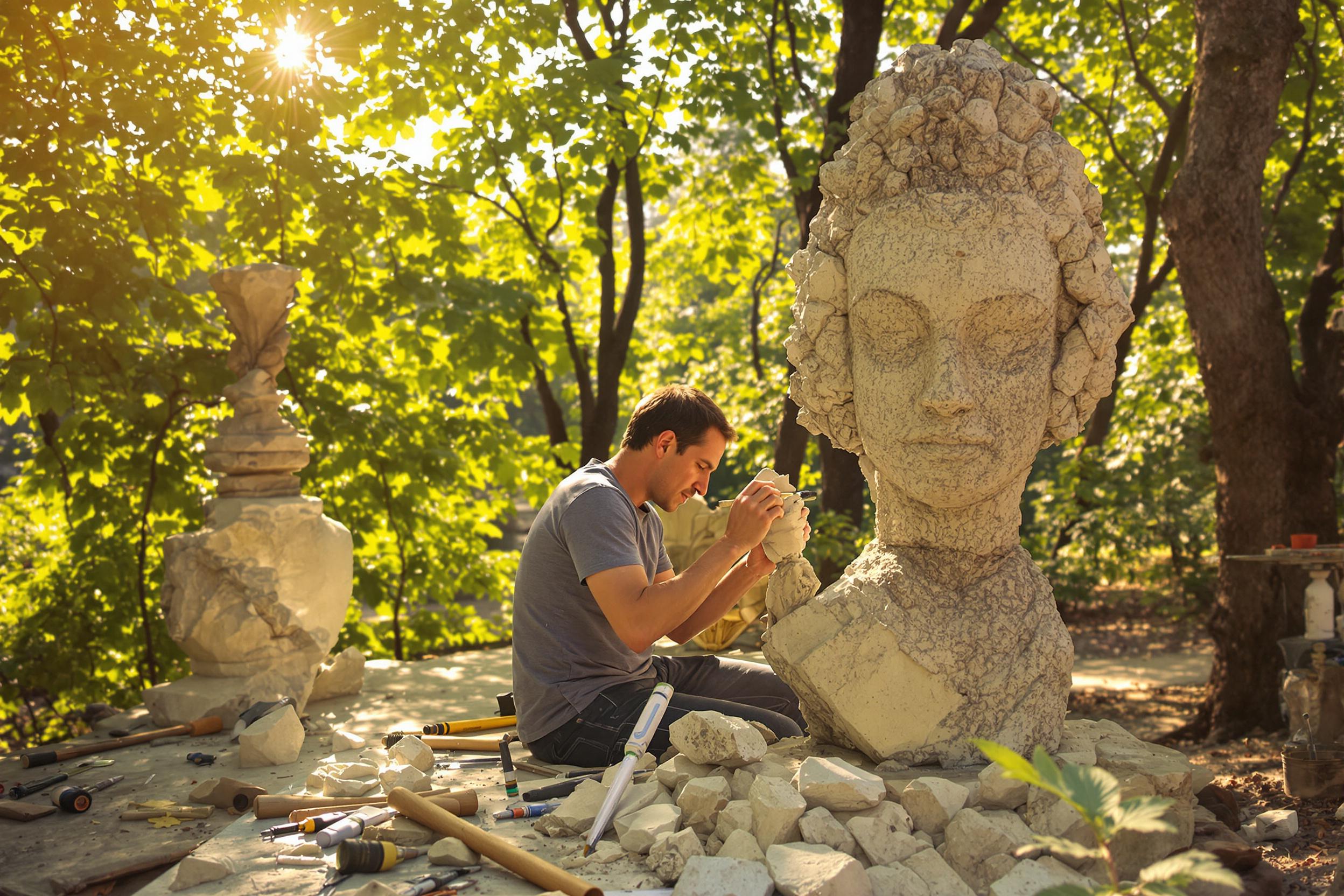 In an outdoor studio surrounded by nature, a sculptor meticulously shapes a stone statue. The warm sunlight filters through the leafy trees, casting gentle patterns on the ground. Tools are scattered nearby, while fragments of stone glisten in the light. The artist's focused hands skillfully carve intricate details into the figure, showcasing dedication and craftsmanship.