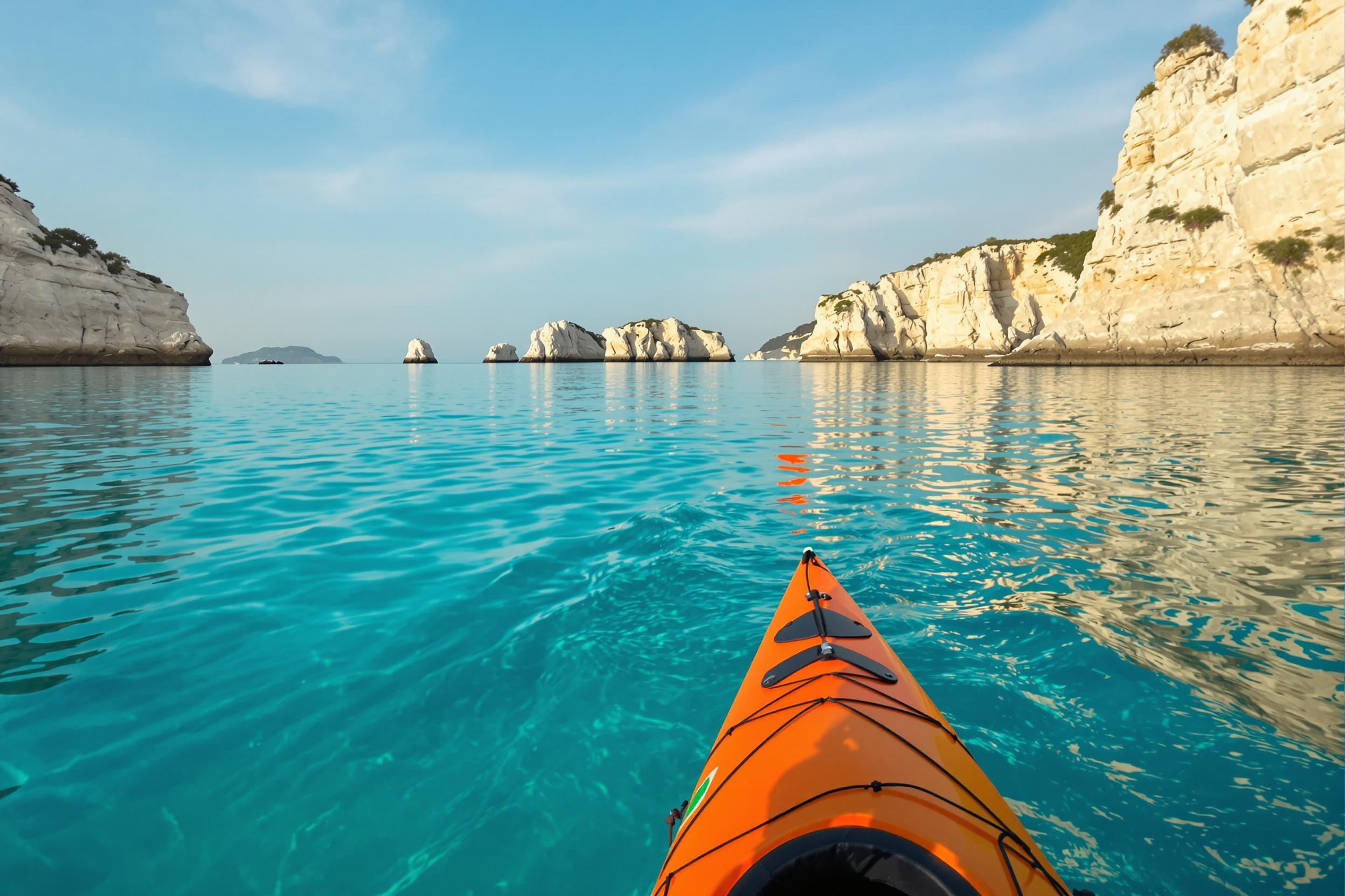 A kayaker paddles through calm turquoise waters under a warm late afternoon sky. Limestone islands dot the horizon, their rugged textures softened by golden light. Gentle ripples trail behind the vibrant orange kayak in the serene coastal setting. The clear waters reflect the boat and cliffs, creating an immersive, tranquil scene.