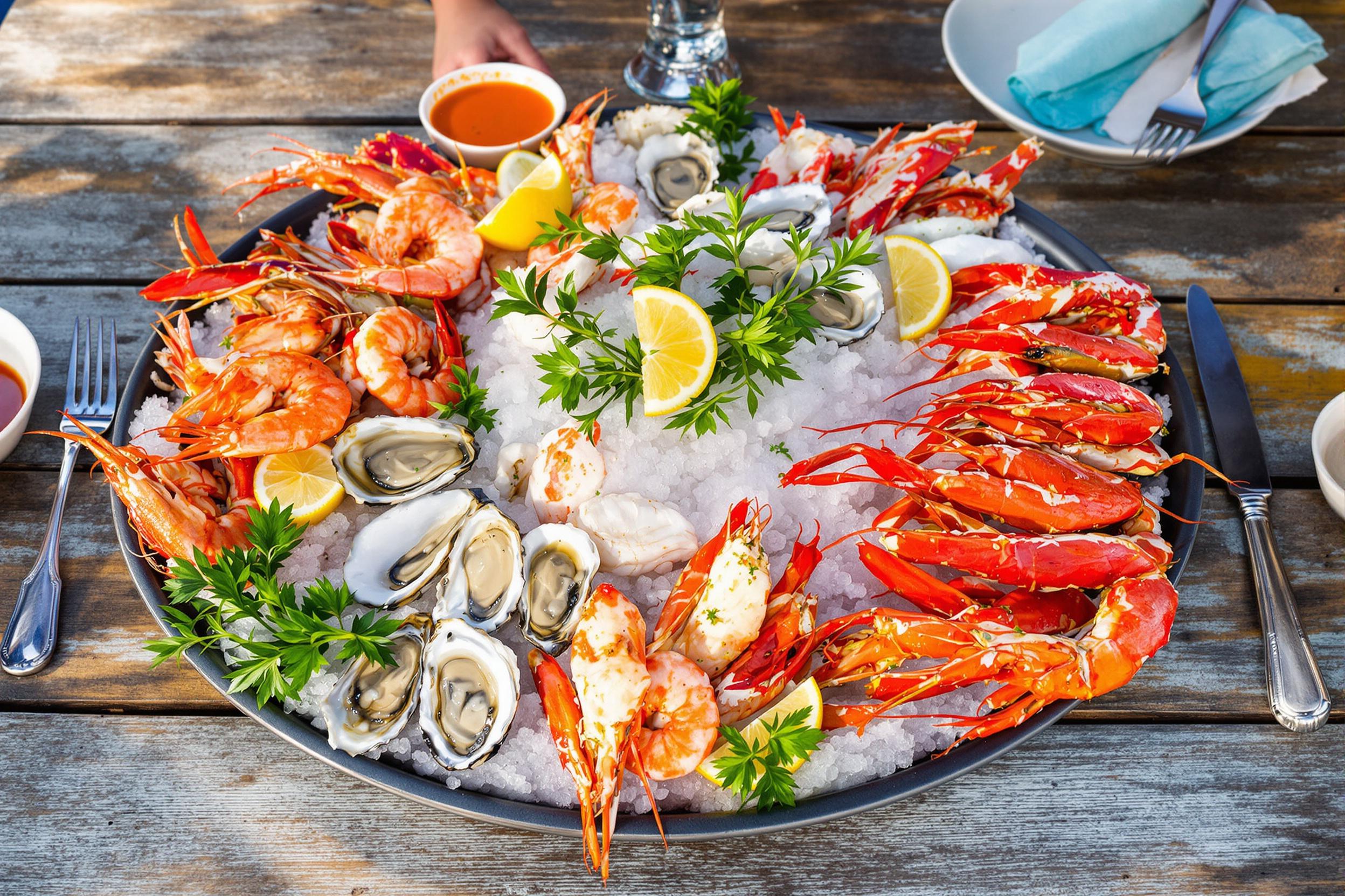 An indulgent seafood platter spread across a weathered wooden table showcases an array of delicacies. Vibrant orange shrimp, glistening oysters, and ruby-red crab legs rest atop a bed of crushed ice. Lemon wedges and sprigs of fresh herbs add refreshing color, while small bowls of tangy sauces surround the main dish. The warm afternoon light accentuates the textures and colors, creating an inviting feast.