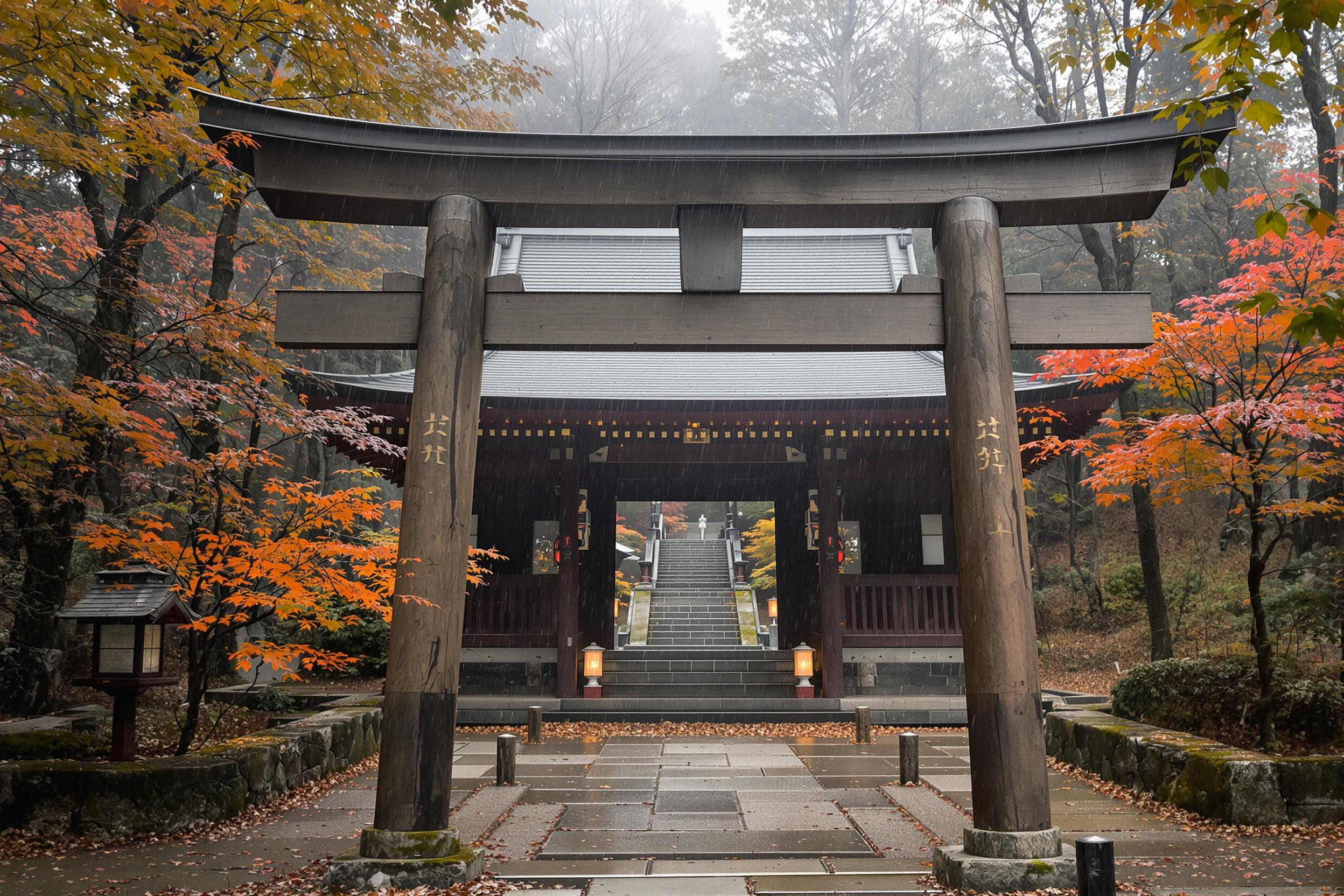 A timeless Shinto shrine rests gracefully amid tranquil woods blanketed by mist. Wooden torii gates frame the entry, their aged surfaces accented by tiny droplets of rain. Surrounding trees in autumn hues cast muted tones under filtered daylight. Lanterns offer ambient glow amidst weathered stone paths lining the sanctuary’s perimeter.