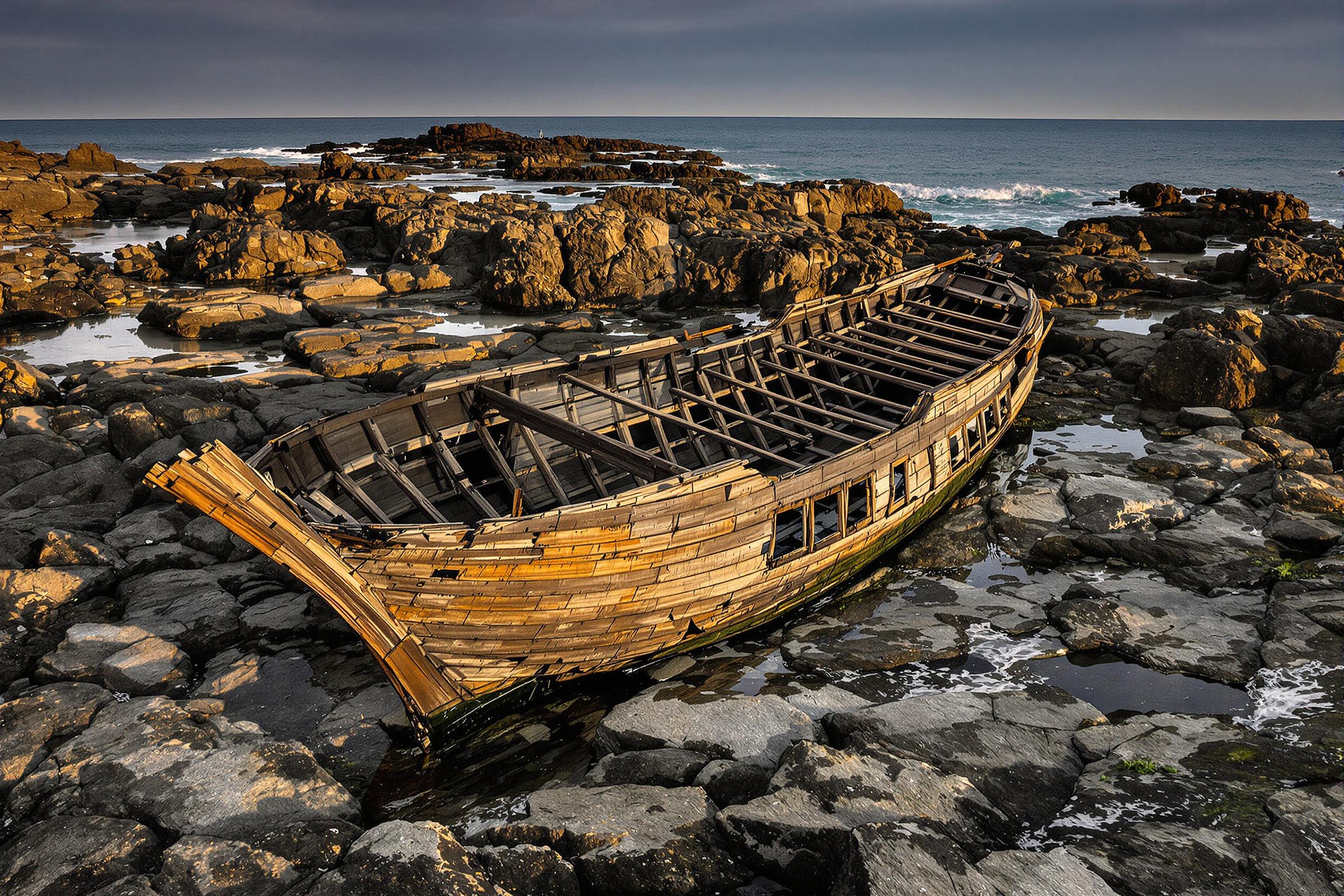 A weathered wooden ship’s remains lie scattered across sharp, angular coastal cliffs. Jagged edges of timbers protrude among mossy rocks and pools sculpted by crashing waves. The wreck is bathed in warm, golden-hour light, casting deep shadows against the rugged backdrop of a moody ocean horizon.