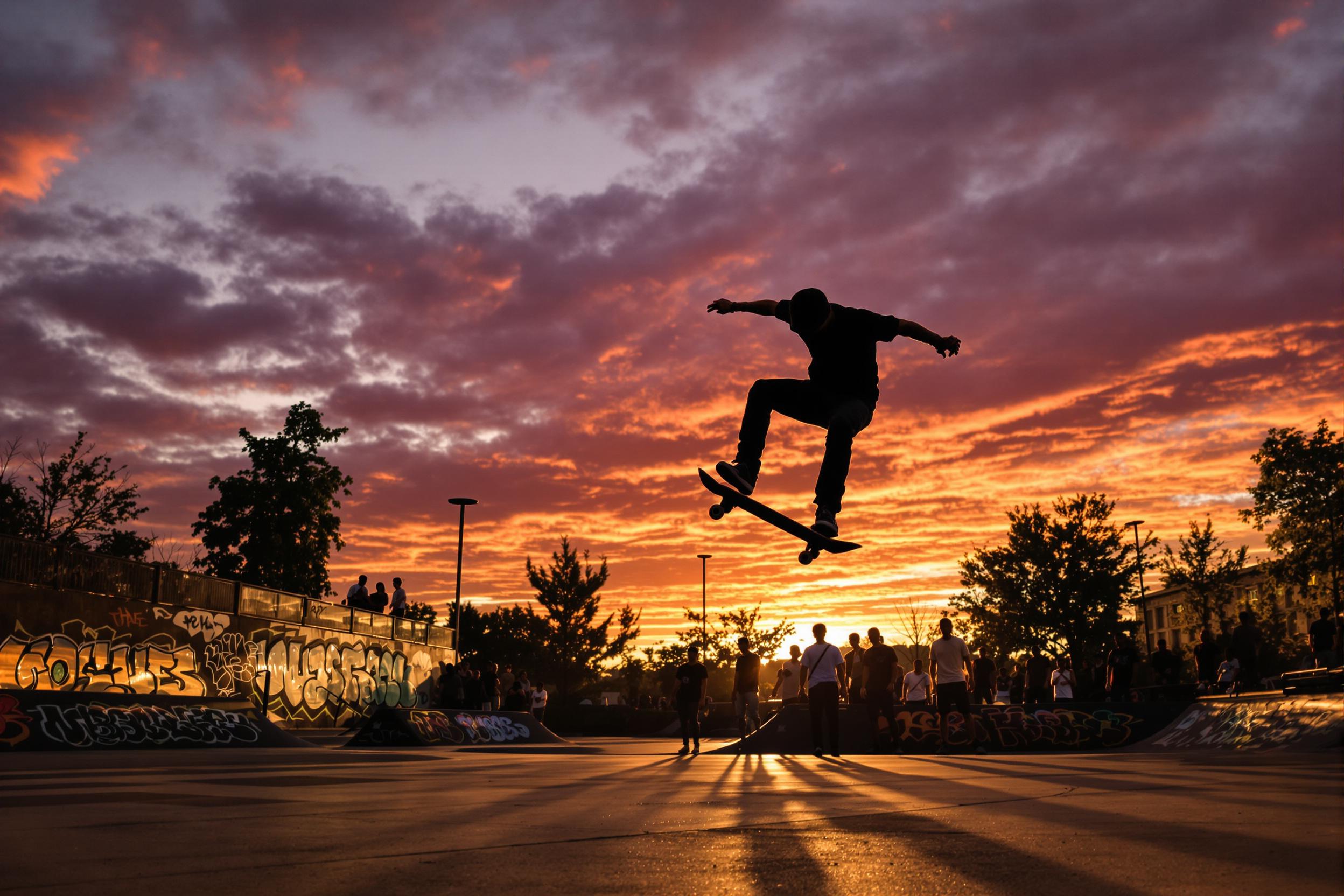 A striking silhouette of a skateboarder performing tricks at a lively urban skate park at sunset. The sun sinks behind a skyline, igniting the sky in hues of orange and purple. Long shadows stretch across the pavement, while a vibrant crowd observes. Graffiti art decorates nearby walls, adding character to the energetic atmosphere of the park.