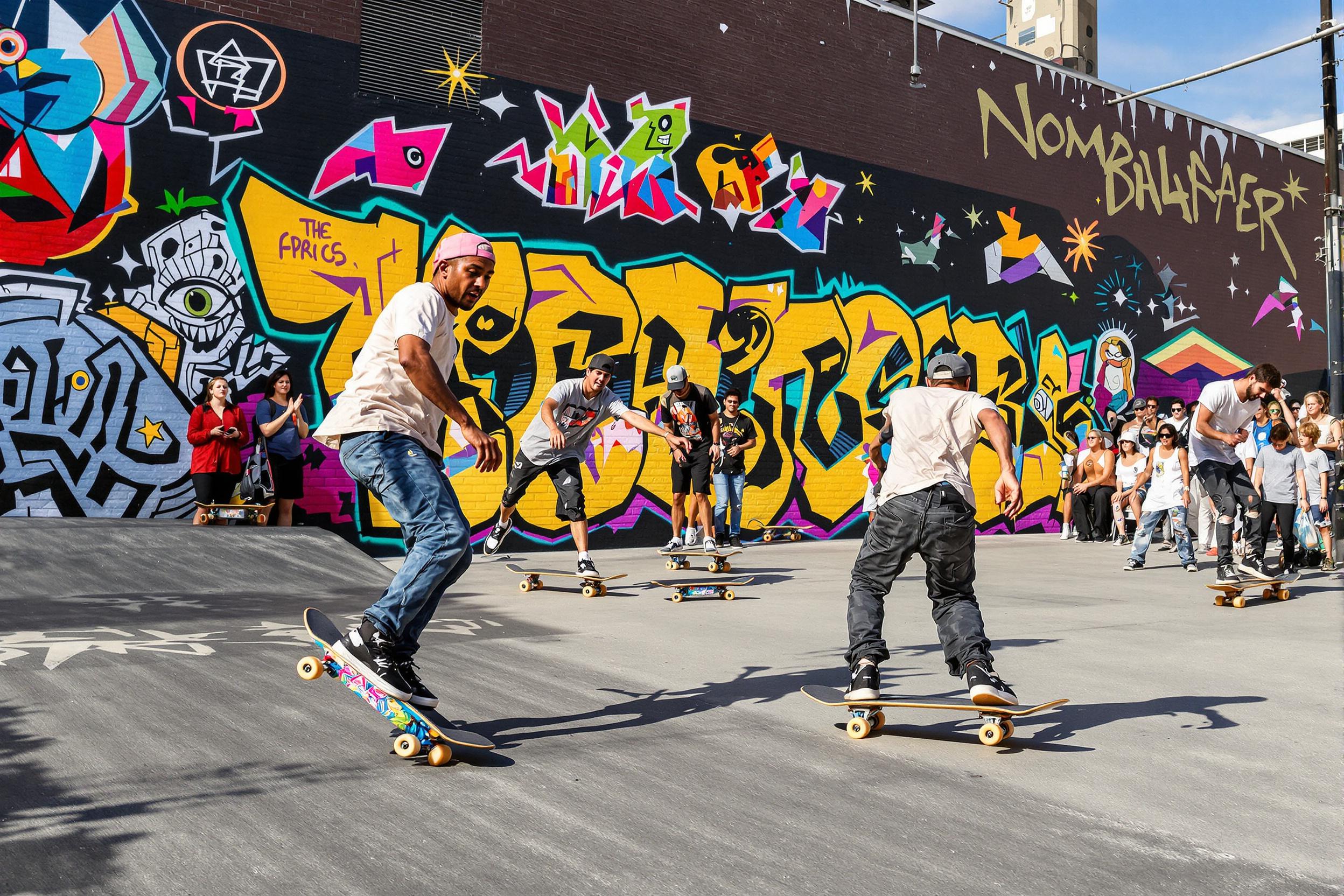 A vibrant street skateboarding scene captures several diverse individuals performing tricks on colorful skateboards against a backdrop of bold graffiti art. The sun shines brightly, illuminating the skateboarders' expressions of concentration and excitement as they navigate smooth pavement. The urban setting exudes energy and youthfulness, with spectators cheering in the background.