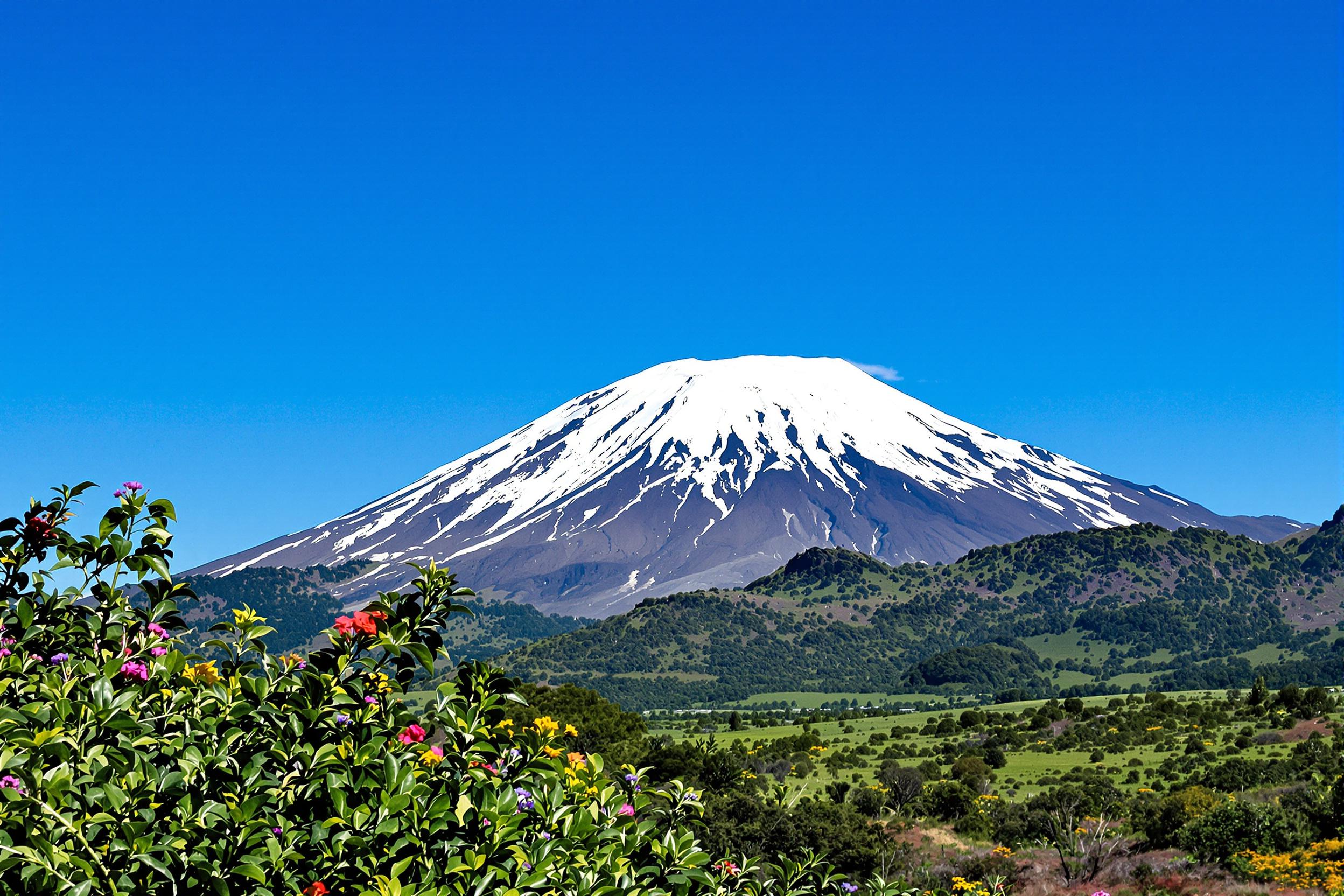 A majestic snow-capped volcano towers over a verdant valley, its rugged slopes dusted in pure white. Surrounding the base, vibrant green foliage carpets the land, dotted with wildflowers swaying gently in the breeze. Under a clear blue sky, sunlight bathes the scene, casting deep shadows and highlighting the stark contrast between the snowy peak and the rich colors of the vegetation below.