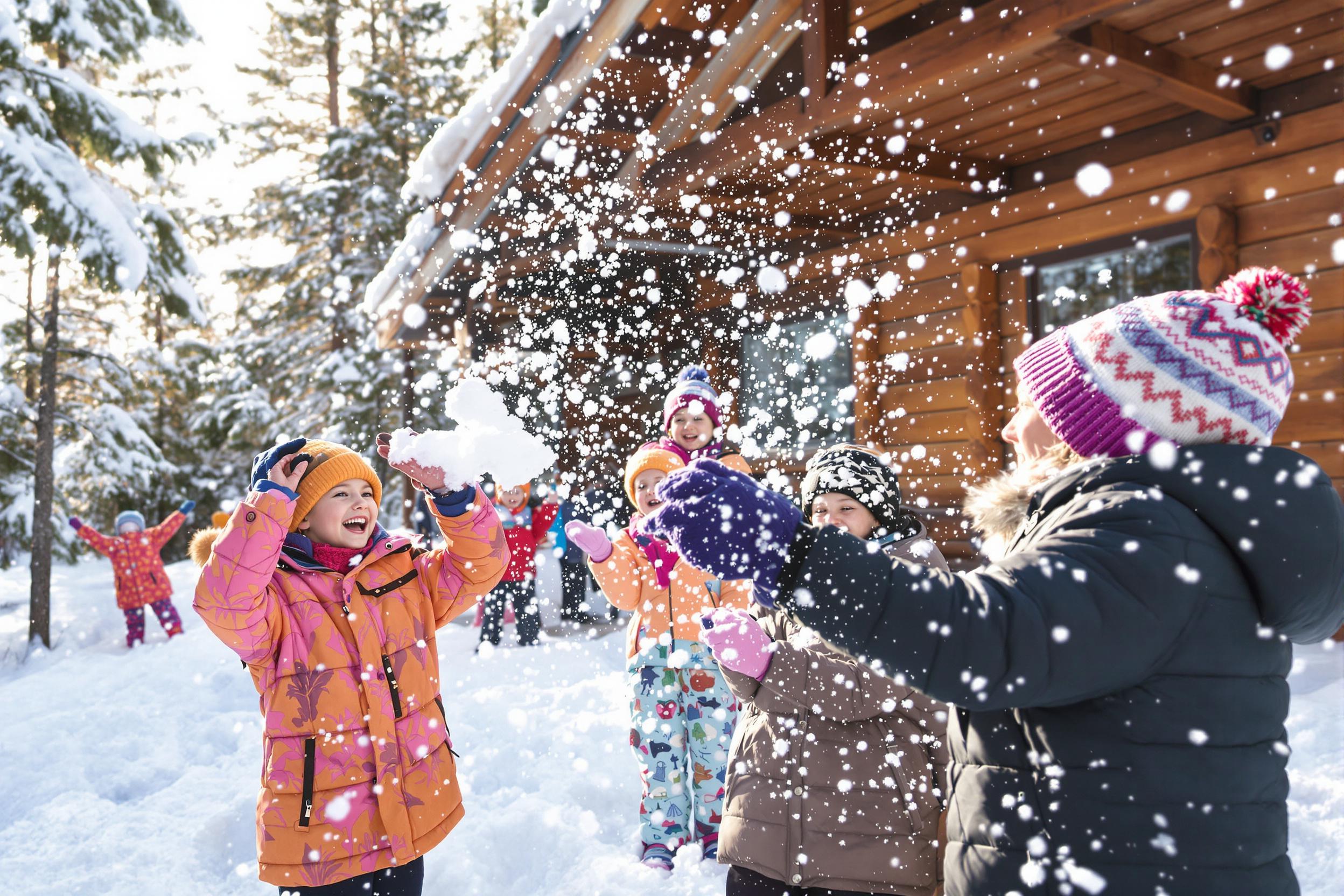 A lively winter scene captures a family engaged in a joyful snowball fight outside their rustic cabin. Snow blankets the ground and clings to pine trees, while soft sunlight spills onto the scene, casting gentle shadows. Children with bright winter gear laugh as they dodge soft projectiles, creating a playful atmosphere against the cozy backdrop of their log cabin.