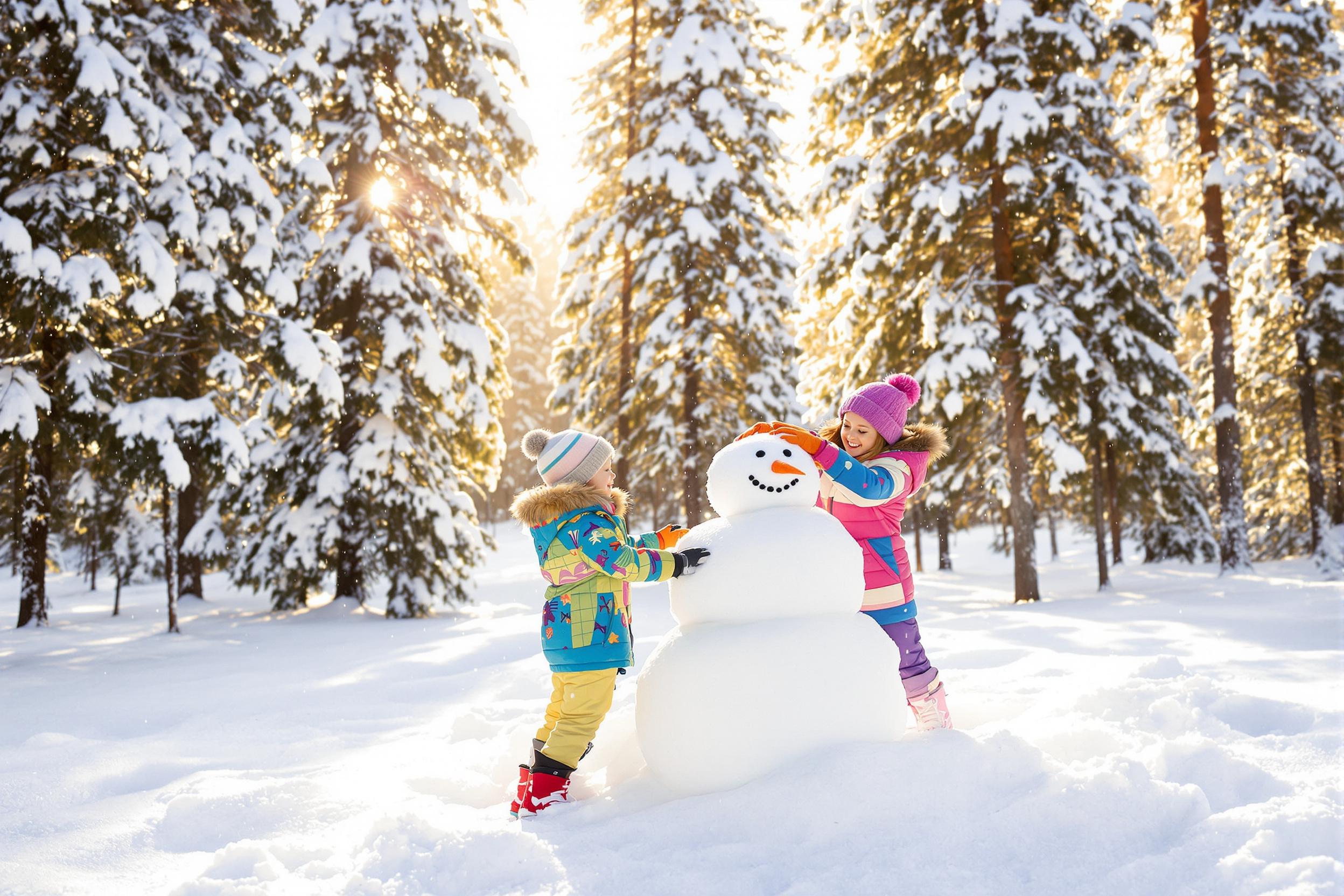 In an enchanting snowy forest, two children, bundled in colorful winter gear, joyfully build a snowman. Towering pine trees dusted with white surround them, while soft golden sunlight filters through the branches, casting a magical glow. Snowflakes fall gently, creating a playful ambiance as laughter echoes among the trees.