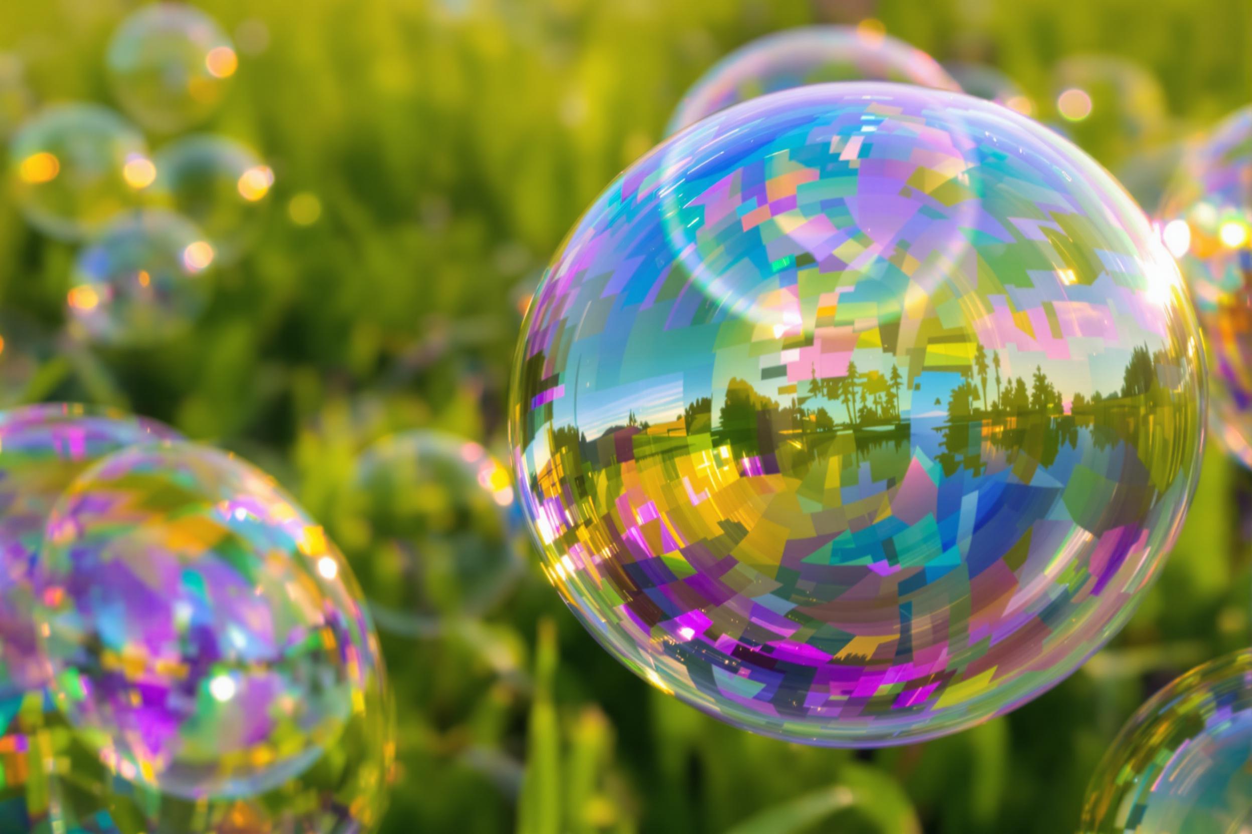 Glowing soap bubbles float effortlessly above a lush green meadow. Each translucent sphere reflects fragments of sky and earth, capturing vivid mini-landscapes within their curving surfaces. Soft golden sunlight accentuates iridescent hues of blue, orange, and purple while blurred grass in the background adds atmospheric depth.