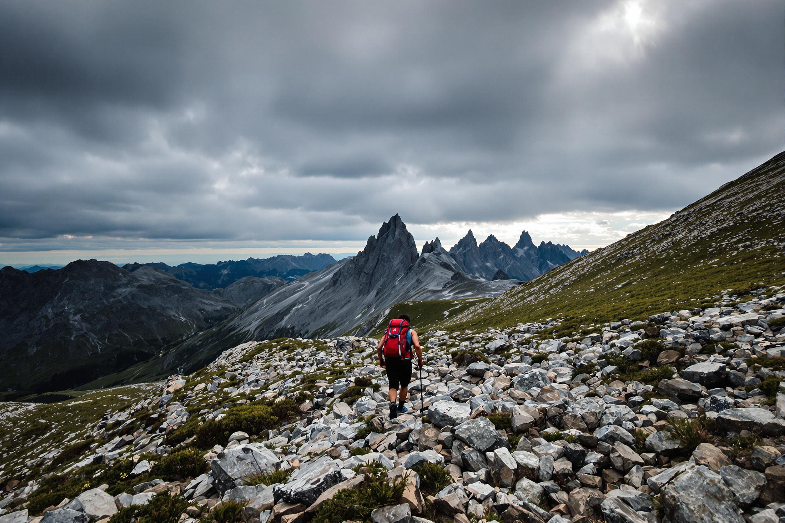 A solitary hiker ascends a rugged mountain trail, navigating rocky terrain under a dramatic sky. Dark clouds gather above, with sunlight breaking through at intervals, illuminating patches of the landscape below. The hiker, sporting a vibrant red backpack, contrasts against the muted greys and greens of the environment. Jagged peaks rise majestically in the distance, adding to the sense of adventure.