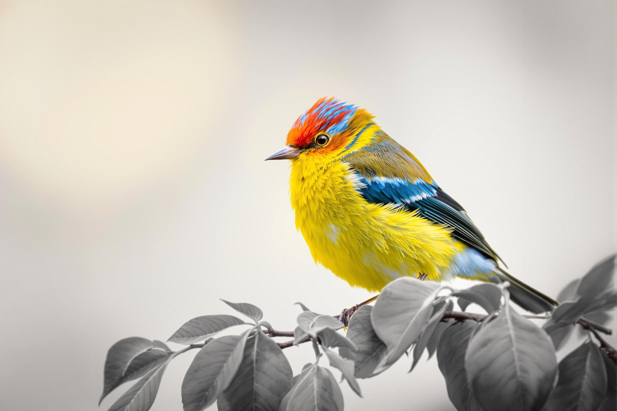 A close-up captures a vibrant songbird perched gracefully on a leafy branch. The bird's plumage showcases a blend of bright yellows, blues, and reds, glistening under the soft golden morning light. Delicate details, such as the intricate feather patterns and sparkling eye, highlight nature's artistry. The blurred, monochromatic background emphasizes the striking colors of the bird, creating an enchanting focal point.