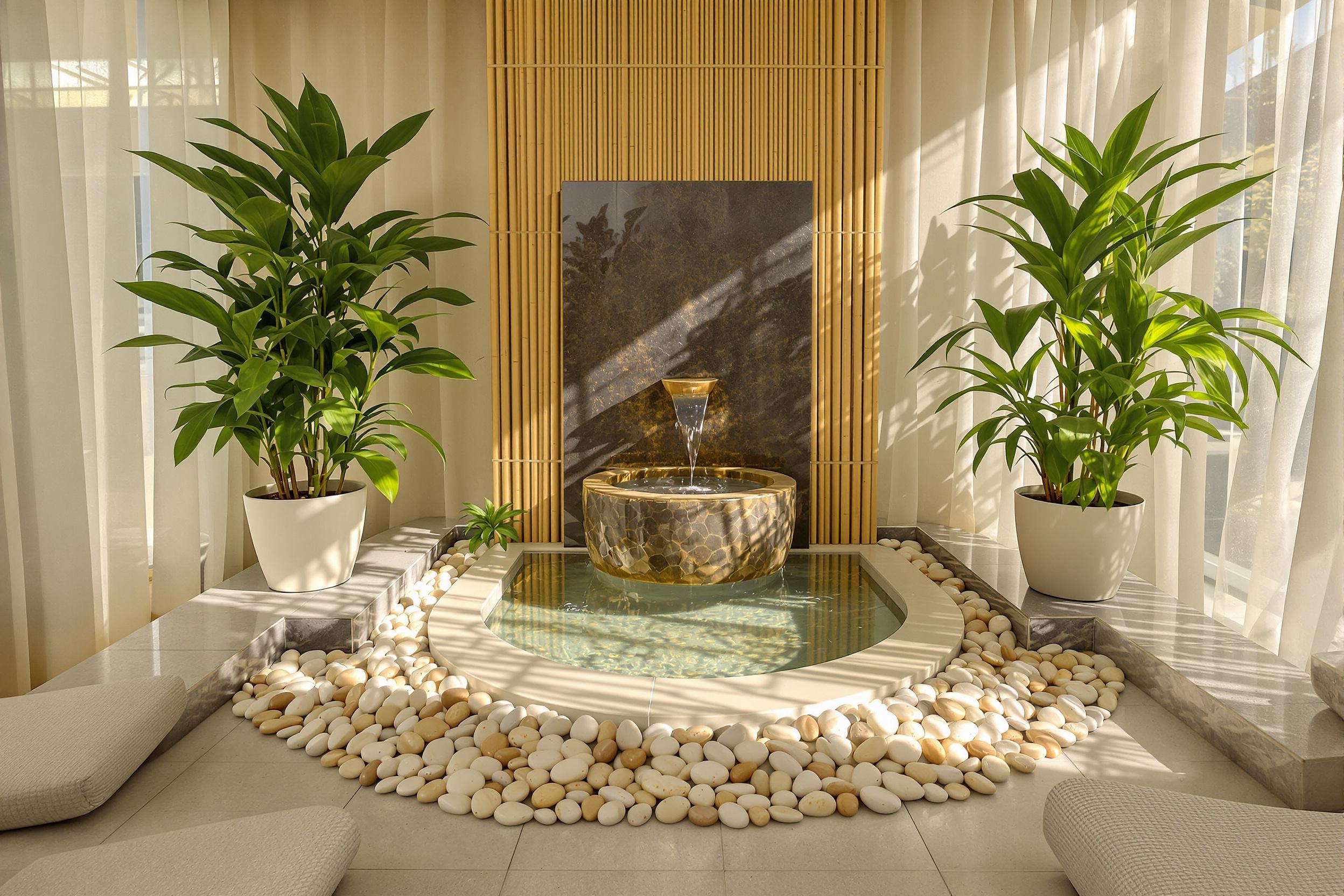 An inviting spa sanctuary unfolds, featuring smooth bamboo accents and delicate pebbles arranged around a trickling water fountain. Soft green plants flank the sides, providing a touch of nature. Sunlight gently filters through sheer curtains, casting soft shadows and creating a serene atmosphere. The calming color palette enhances feelings of tranquility and well-being.