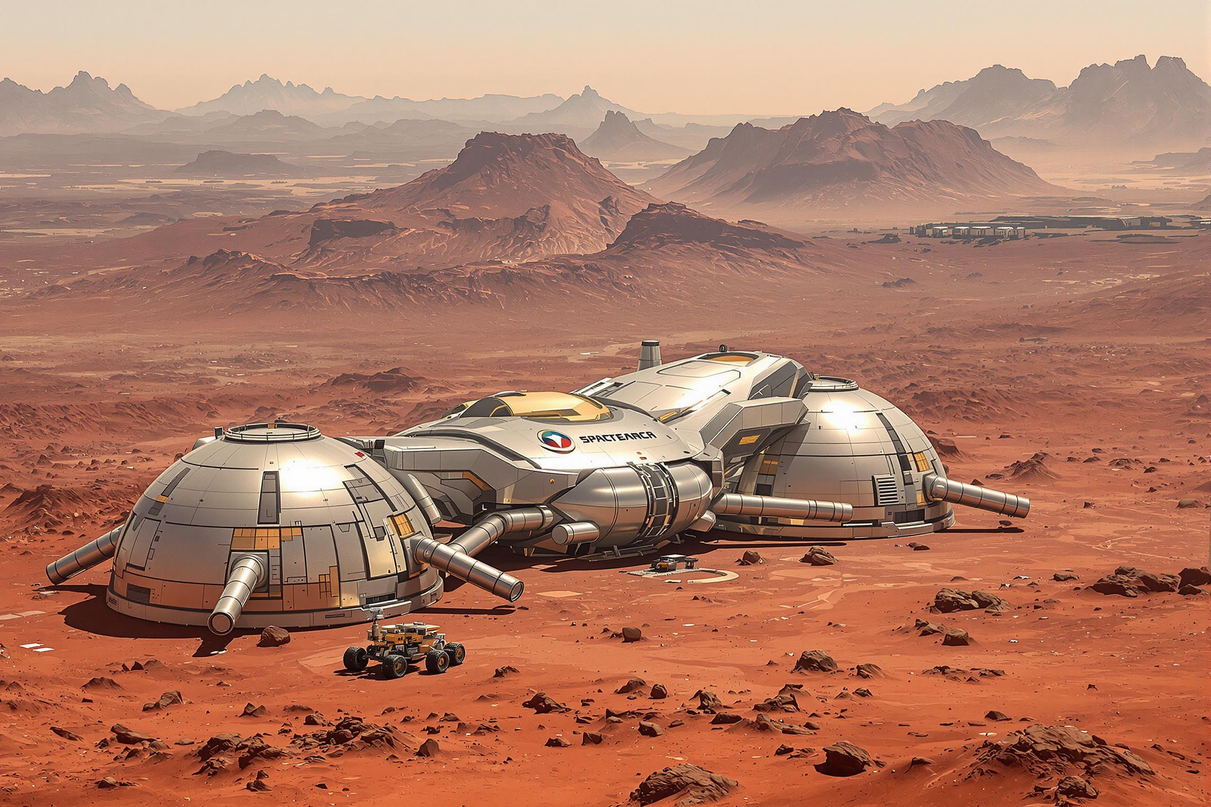 A high-tech space exploration base stands on a rugged red desert. Smooth metallic domes, connected by sleek tube corridors, shimmer under dim atmospheric haze. A nearby rover pauses amid the cracked soil, while distant jagged ridges frame the horizon. The scene combines cutting-edge technology with the stark wilderness of extraterrestrial exploration.