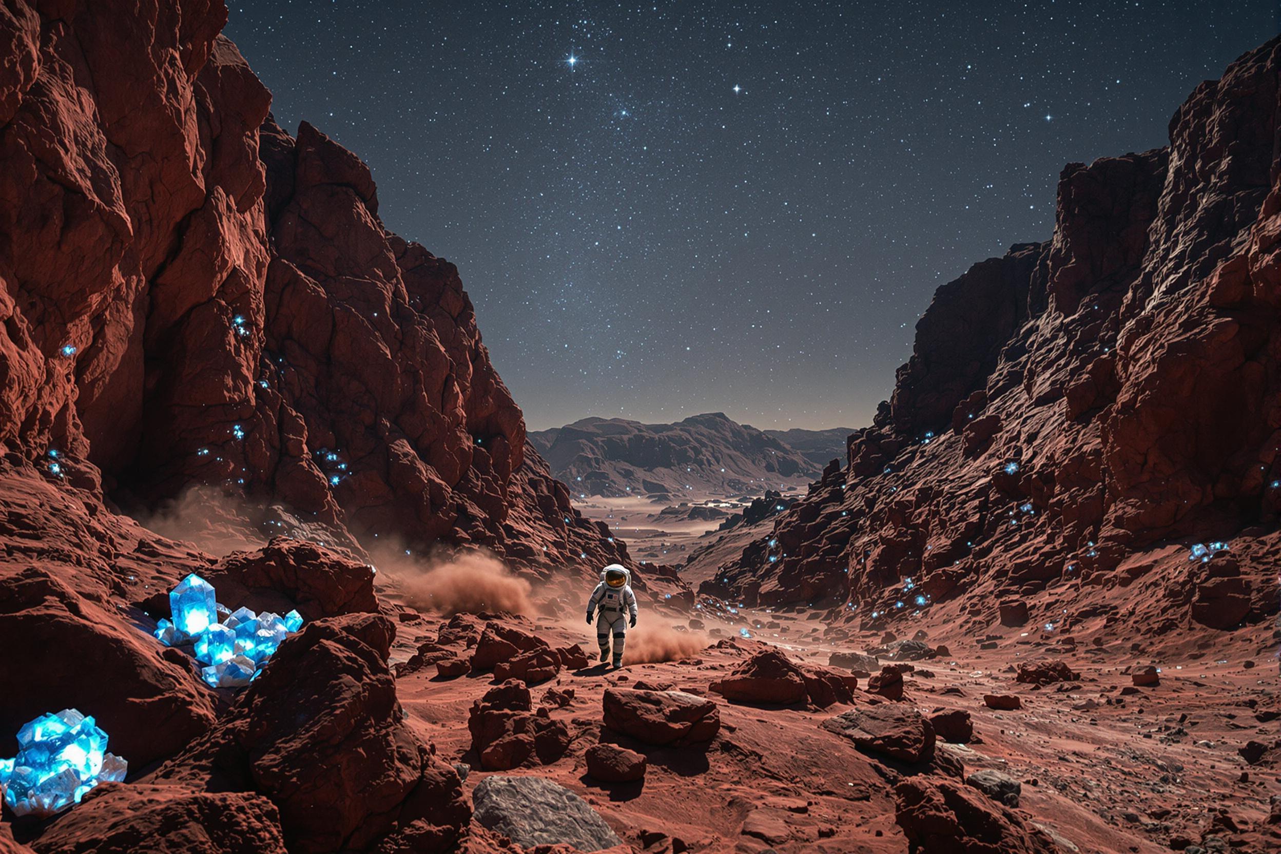 An astronaut navigates the rugged, red-rock surface of an alien planet under a starry sky. The desolate landscape is peppered with massive rock formations and glowing crystals emitting faint blue light. Dust swirls gently around as the astronaut’s reflective visor captures the celestial expanse above. Subtle ambient lighting emphasizes the stark contrasts of this otherworldly terrain.