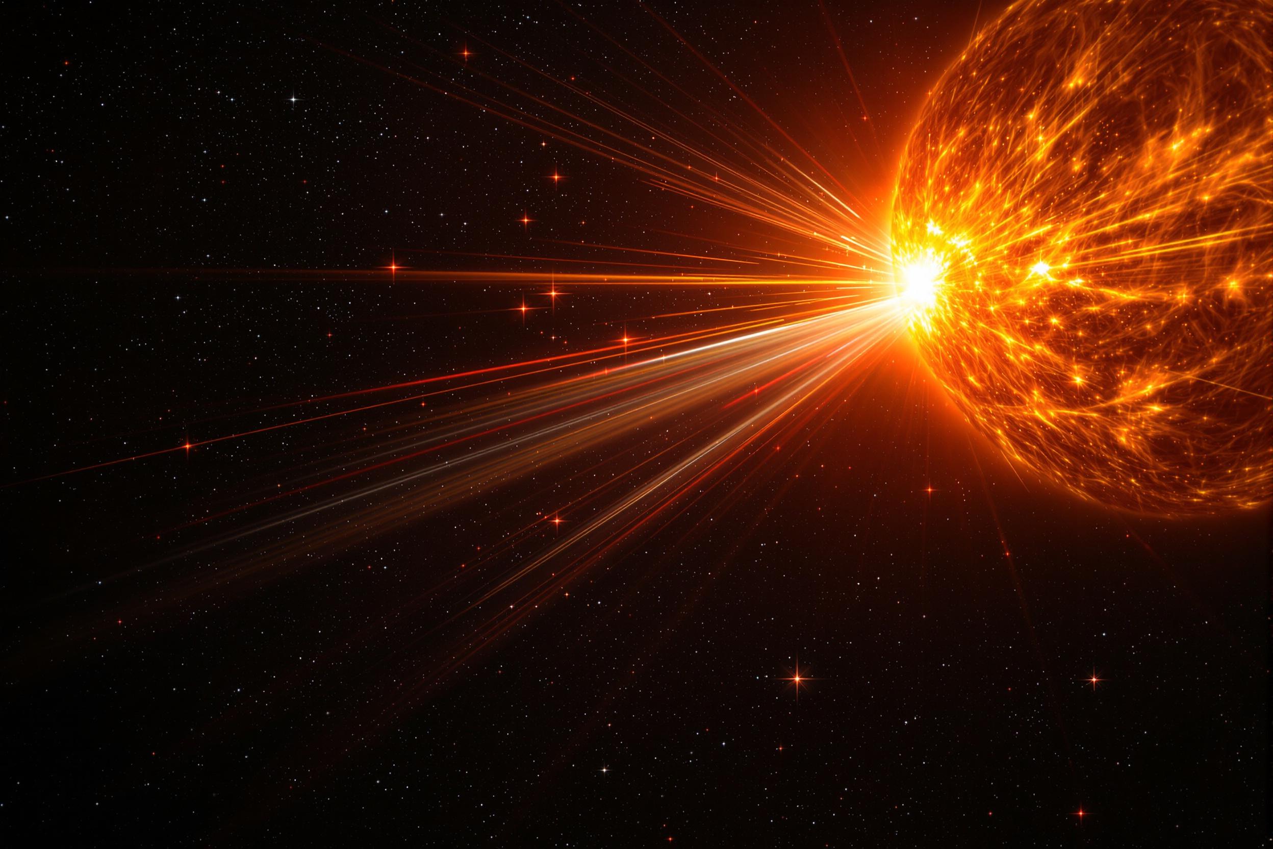 In the boundless darkness of space, a brilliant solar flare arcs from the sun's surface, casting radiant light streaks in hues of orange, red, and white. Surrounding stars form a scattered backdrop, while the sun appears textured and fiery, its plasma swirling in intricate patterns. The scene captures both grandeur and detail.