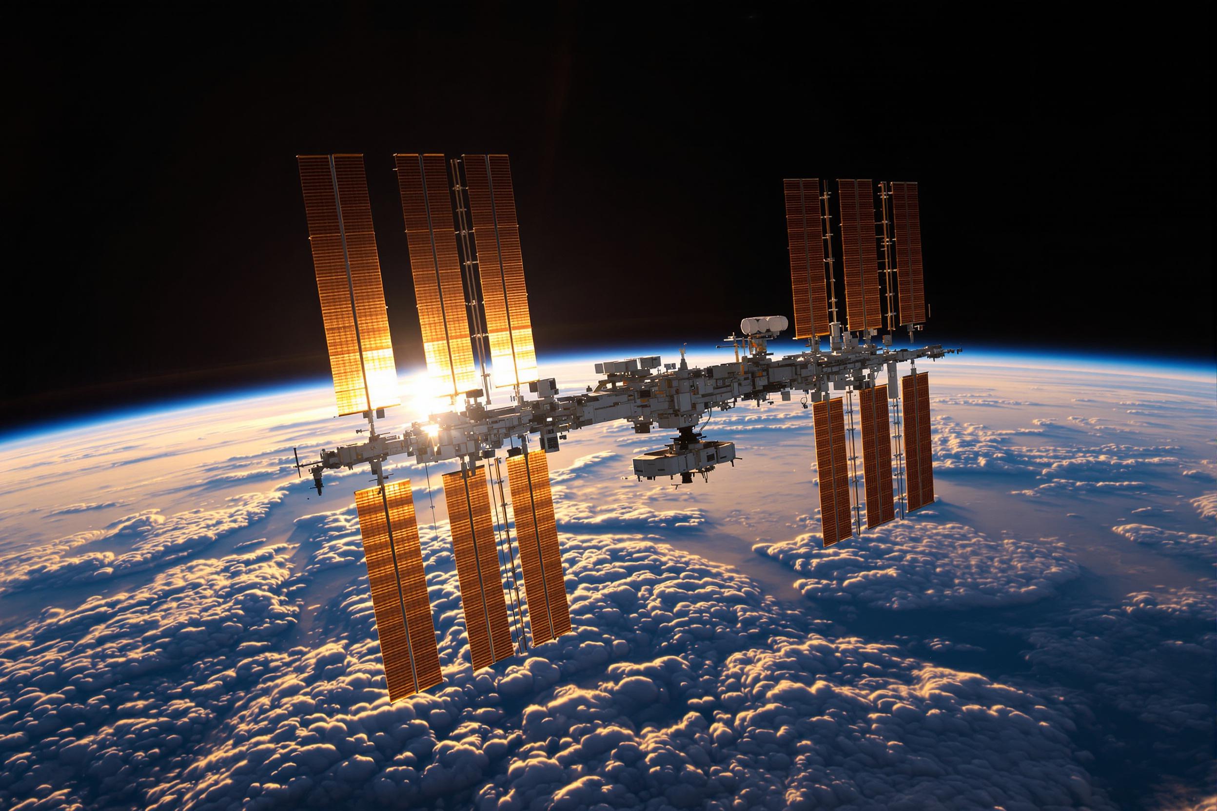 A futuristic space station orbits above Earth's atmosphere, its metallic modules illuminated by the glowing arc of an Earth sunrise. A network of solar panels reflects soft golden light as deep blue void envelopes the scene. Curving continents peek under delicate cloud covers, emphasizing the station's vast surroundings.