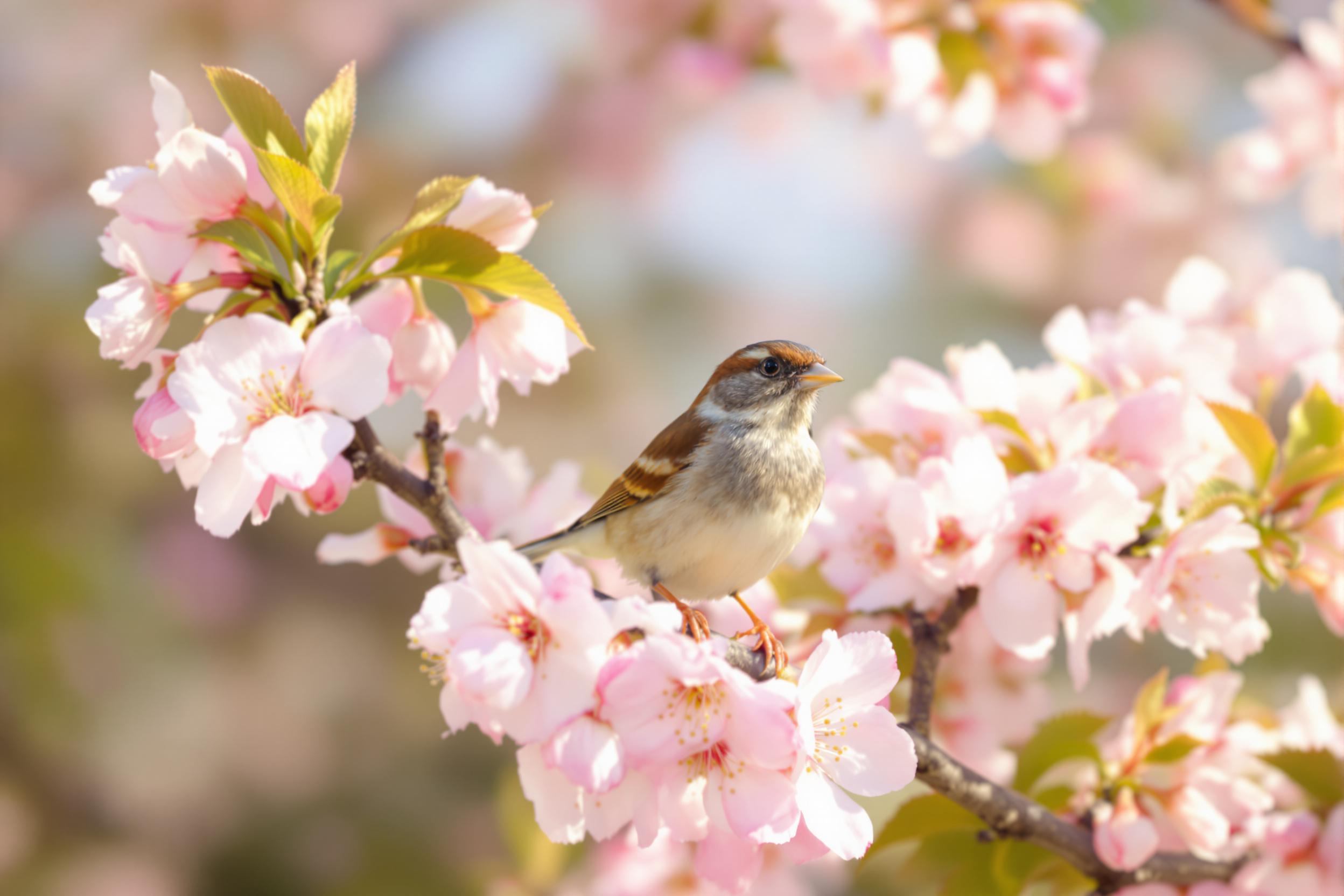 A sparrow perches delicately on a blooming cherry blossom branch. Soft pink petals encircle the small bird, its brown and white feathers illuminated in warm sunlight. A hint of motion in the blurred background adds depth, contrasting the sparrow's stillness. The scene encapsulates the beauty of spring, showcasing delicate textures and gentle lighting.