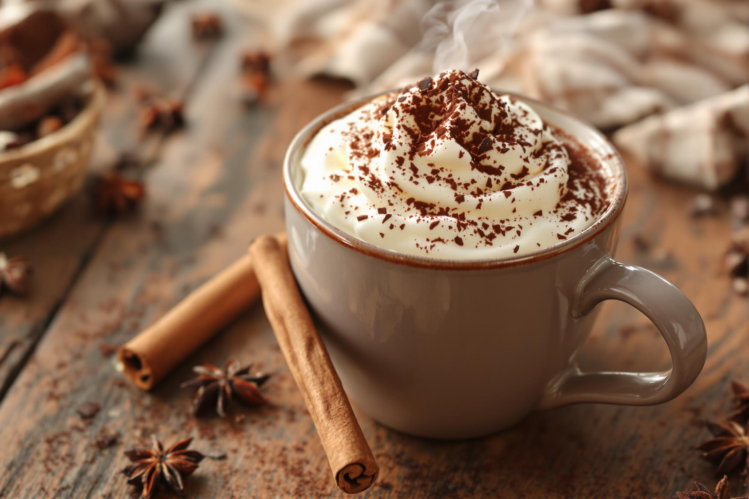 A close-up of a steaming cup of spiced hot chocolate topped with fluffy whipped cream and a sprinkle of cocoa powder. A curled cinnamon stick leans against the ceramic mug, placed on a rustic wooden table adorned with scattered star anise and dark chocolate shavings. Warm natural light highlights the rich brown hues and cozy details.