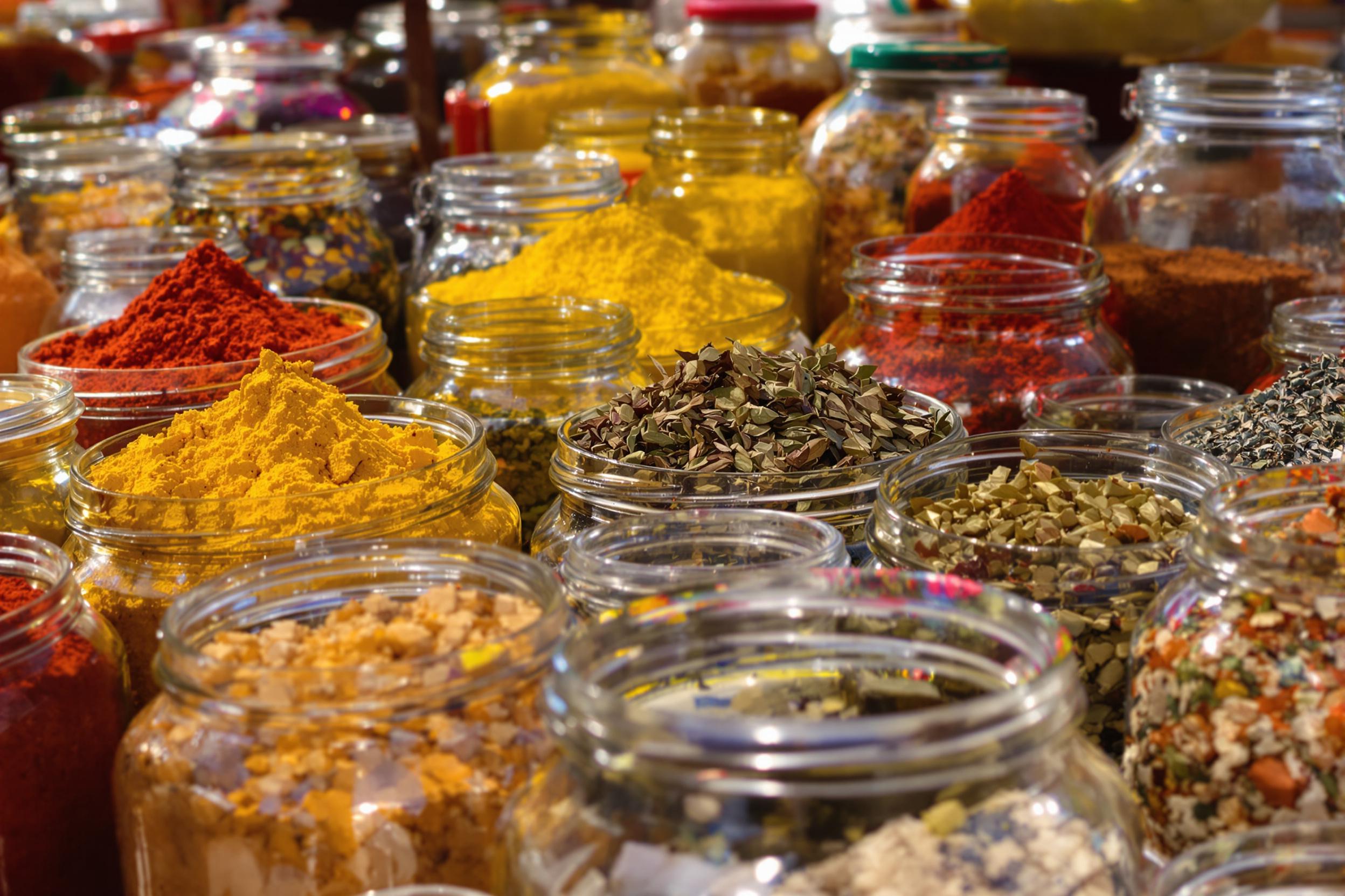 A close-up view captures an array of glass jars filled with vibrant spices displayed at an outdoor market. Rich reds, yellows, and greens stand out against the sunlit backdrop. The jars vary in size, showcasing spices like turmeric, paprika, and dried herbs. Subtle reflections dance on the glass surface, enhancing visual intrigue and texture.