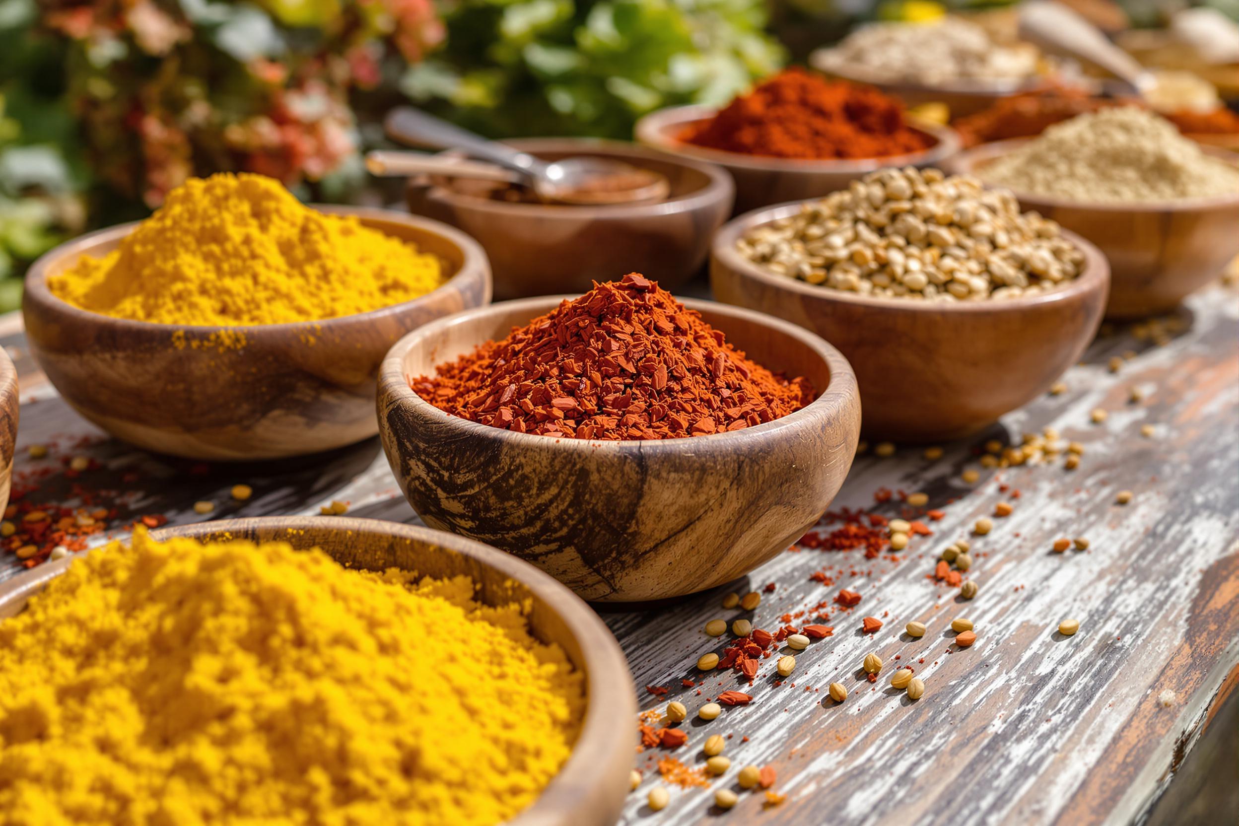 A closer look reveals an array of colorful spices artistically displayed in rustic wooden bowls on a weathered table. Vibrant yellow turmeric, deep red paprika, and earthy brown cumin showcase their unique textures under soft afternoon sunlight. The inviting arrangement invites the viewer to explore the various aromas and flavors captured in this culinary setting.