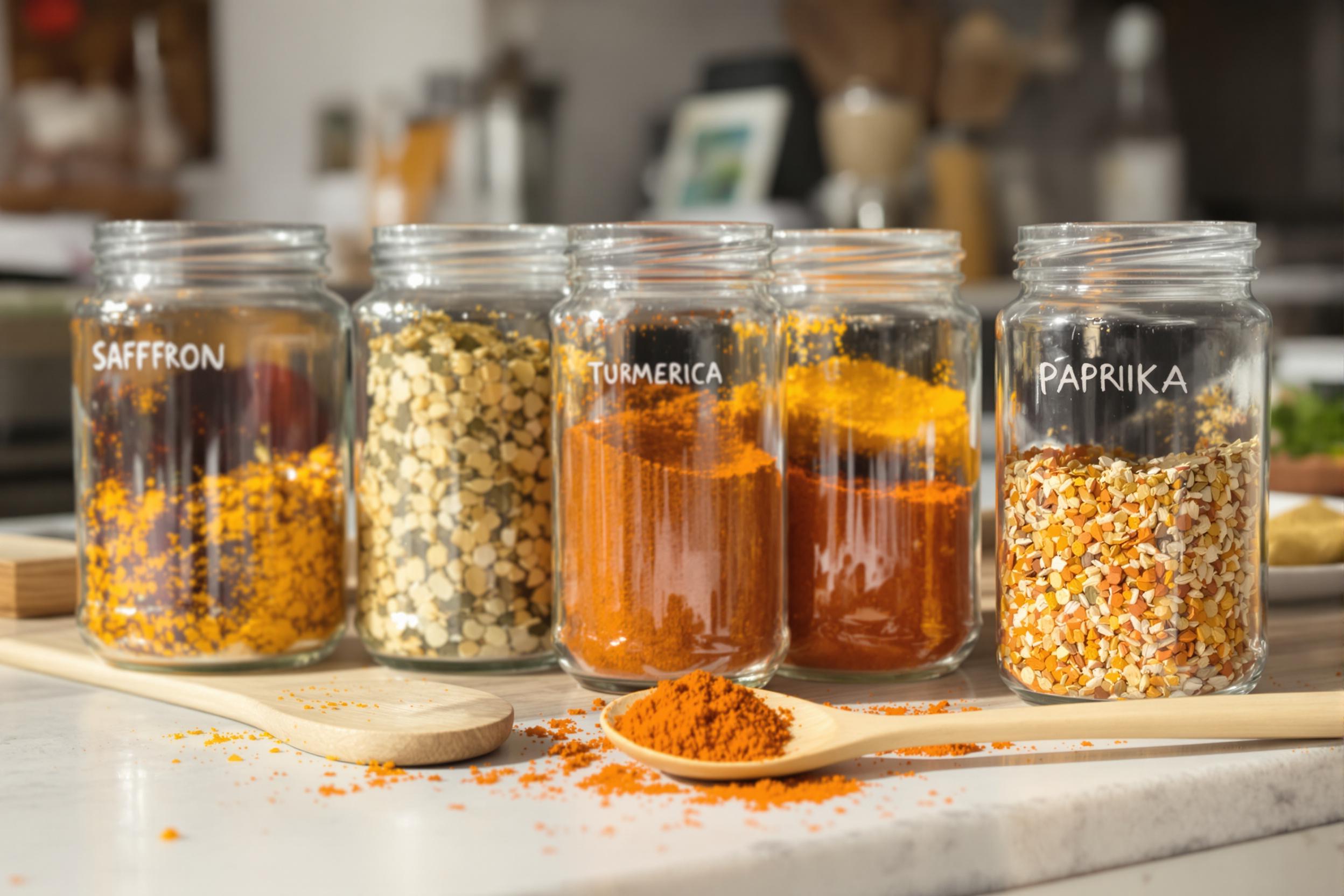 A modern kitchen countertop displays an array of exotic spices in glass jars, capturing midday light that enhances their rich colors. Each jar showcases spices like saffron, turmeric, and paprika, their textures visible through clear glass. A wooden spoon rests beside them, and a softly blurred background hints at a lively cooking space, inviting creativity and flavor exploration.