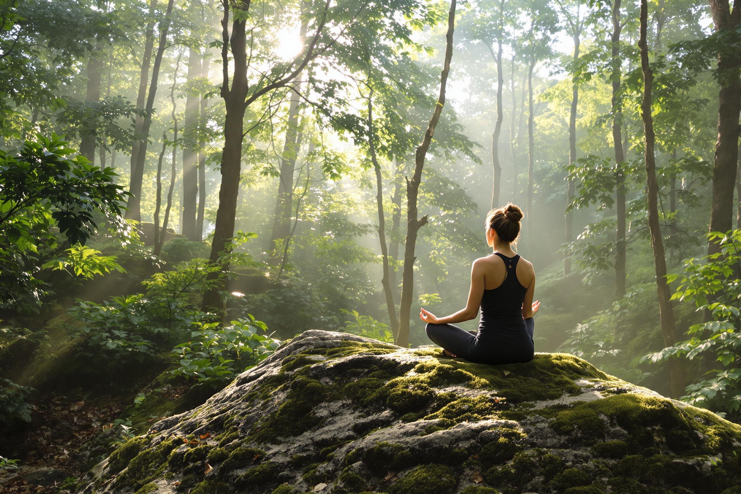 A woman meditates peacefully on a moss-covered rock, surrounded by a misty forest. Soft morning light filters through the trees, creating a ethereal atmosphere. The image captures the essence of spiritual connection with nature.