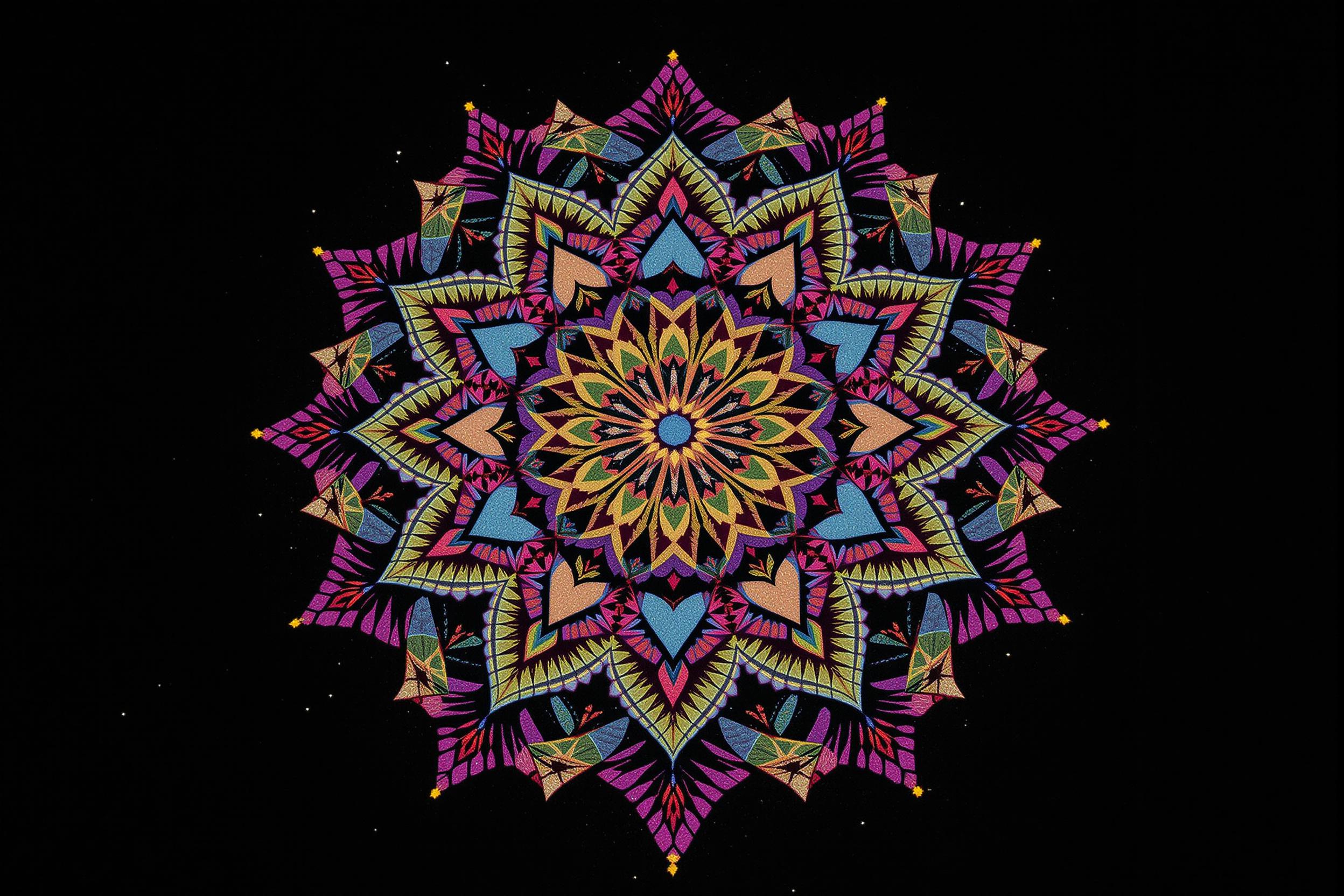 Intricate mandala pattern created with colorful sand on a black background. The detailed geometric design showcases symmetry and balance, symbolizing the universe and spiritual journey. Soft lighting highlights the vibrant colors and textures.